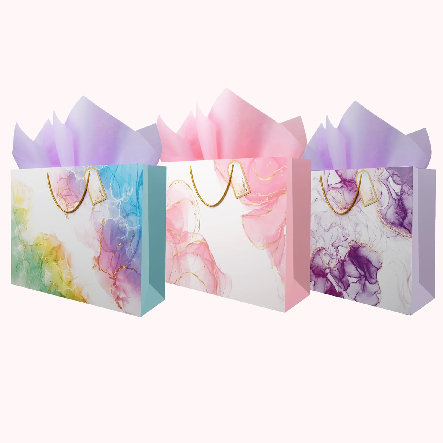 Flora Paperbags Large Paper Gift Bags with Tissue & Tags – Pack of 5 | 12x15x5 inch | Wedding Return Gift Bags, Birthday, Party Favor Bags | Pastel Pink, Purple, Multicolor Marble Design