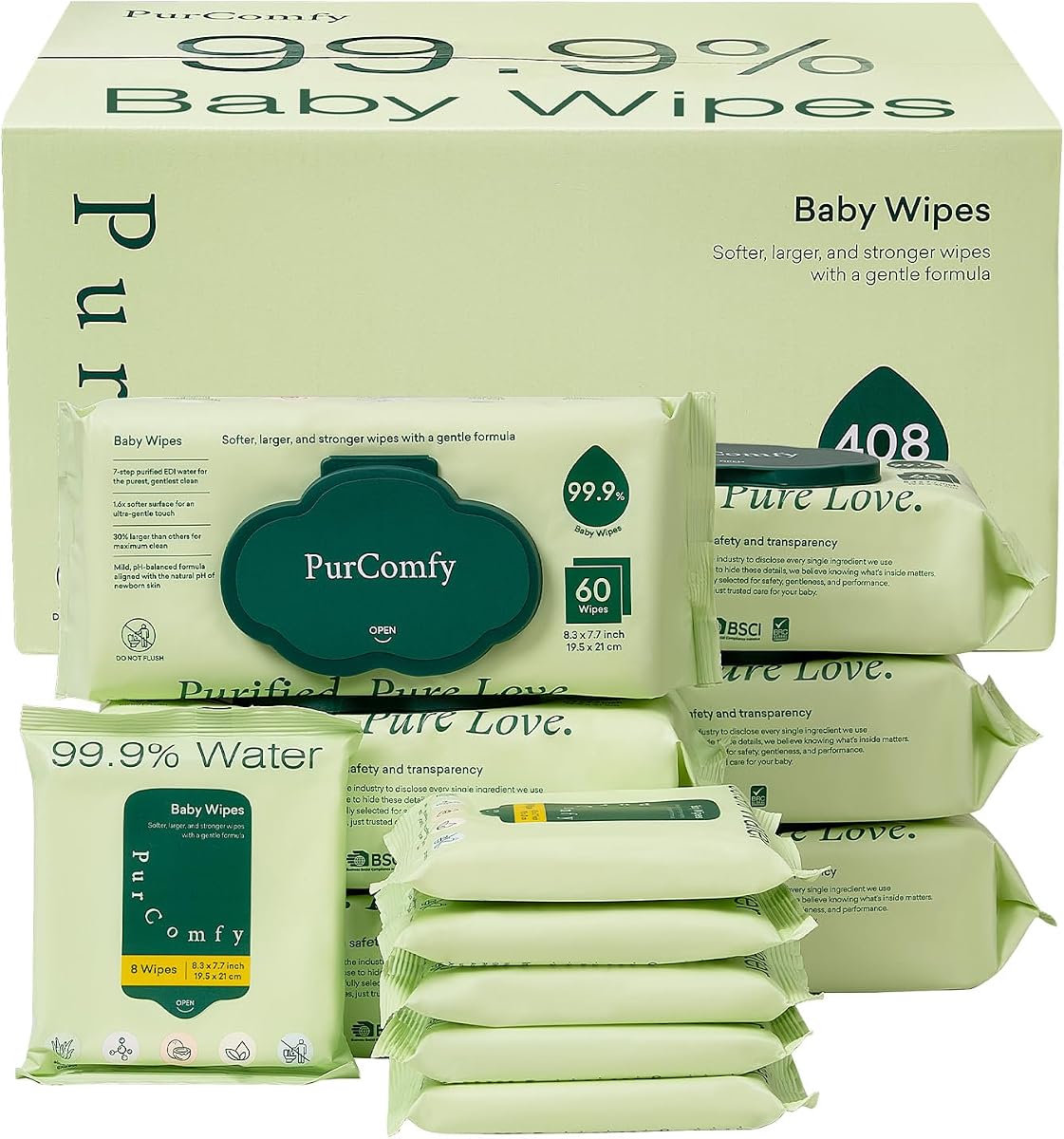 PurComfy Baby Wipes Unscented, 6 Flip-Top Packs + 6 Travel Pack | Plant Based, Hypoallergenic, Sensitive Newborn Skin, Total 408 Count Wipes