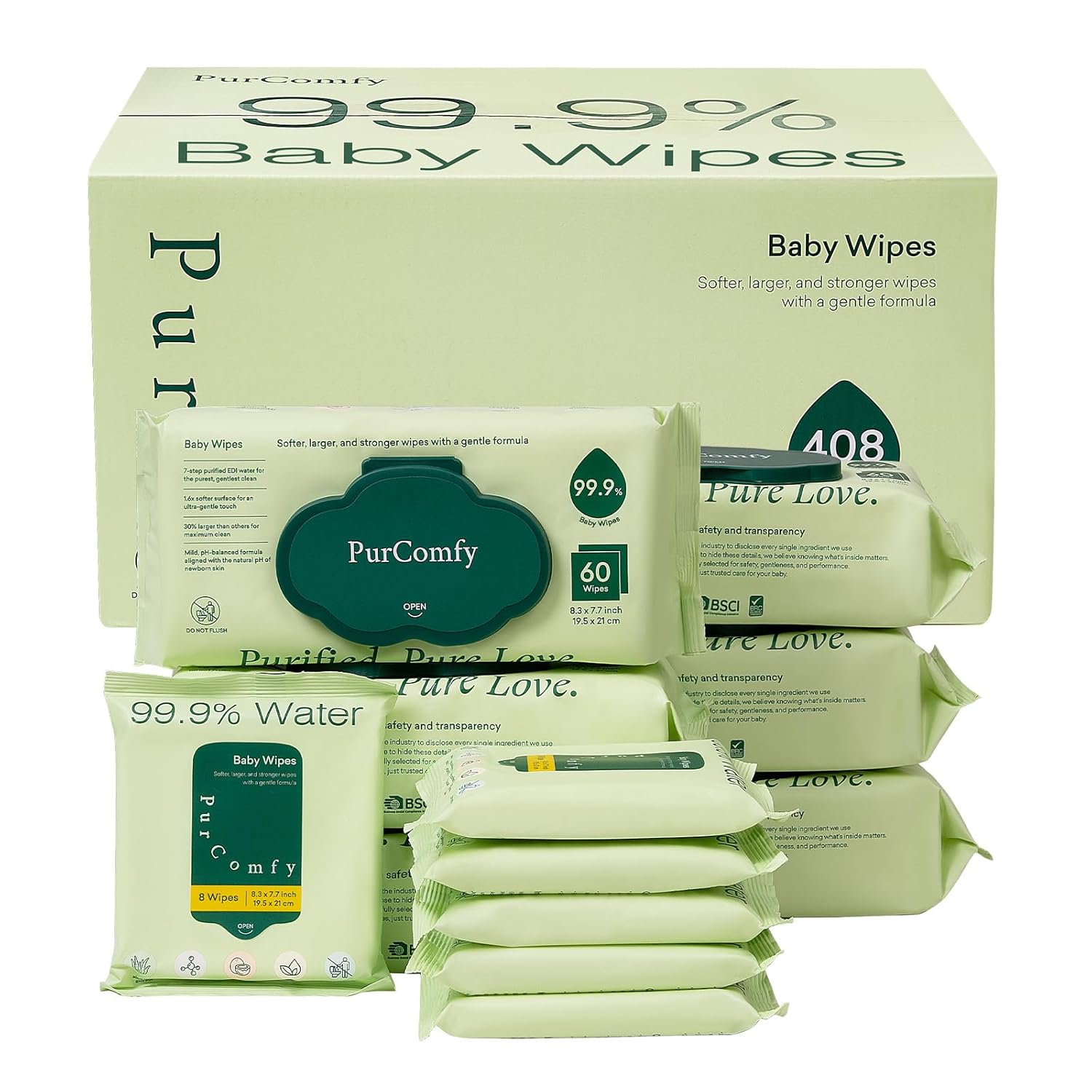 PurComfy Baby Wipes Unscented, 6 Flip-Top Packs + 6 Travel Pack Baby Wipes with Plant Based, Hypoallergenic for Sensitive Newborn Skin, Total 408 Count Wipes