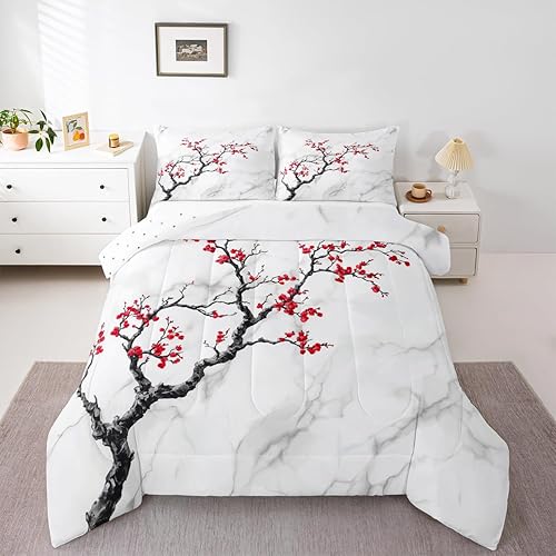 Miniatura 1 de Erosebridal Juego de ropa de cama de 3 piezas con diseño de flor de cerezo, juego de edredón de mármol blanco y gris para niñas y mujeres, edredón