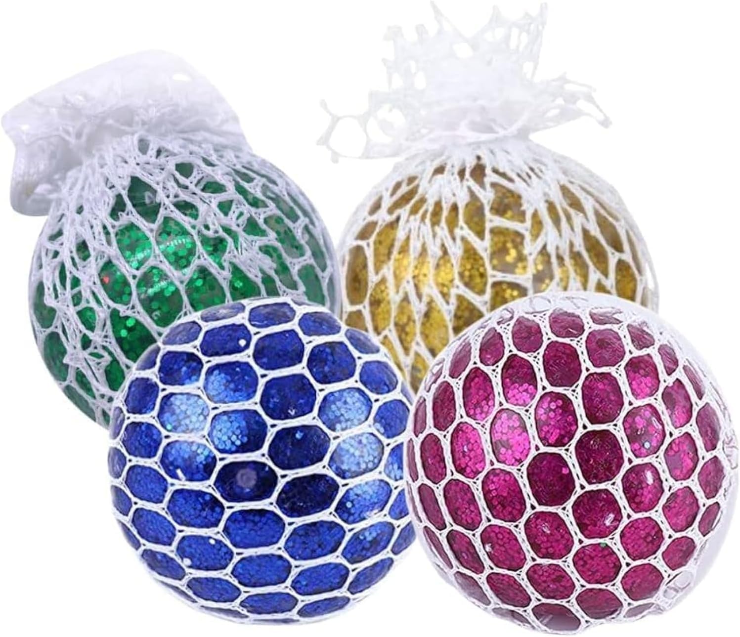 4 Pcs Fancy Glitter Sparkling Squishy Mesh Ball Stress Relief Squeeze Bling ball Anti-Stress Relief Toy (Random Colors)