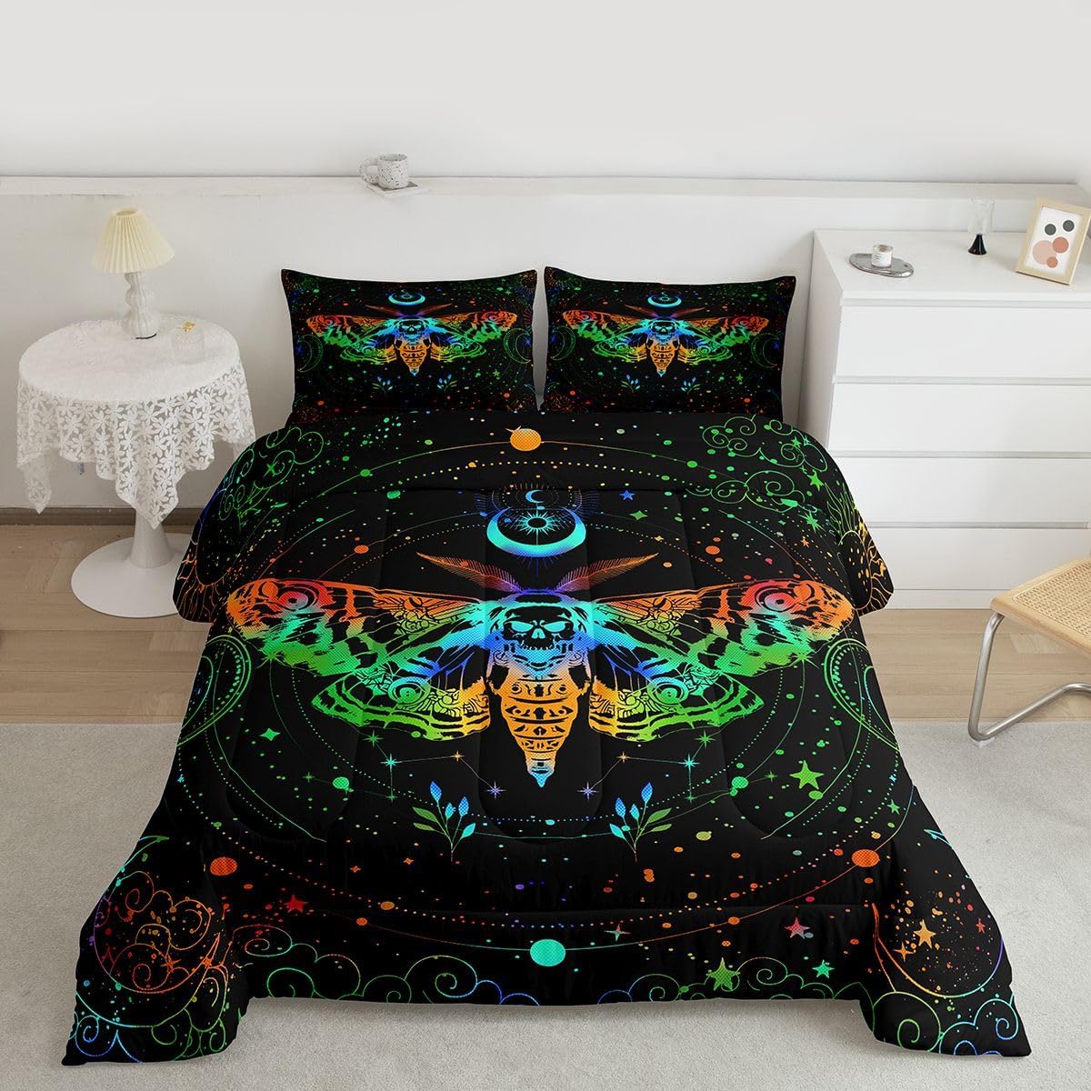 jejeloiu Moth Comforter Set Full Size Kids Gothic Skull Comforter for Boys Girls Teens Colorful Sun Moon Bedding Set Breathable Galaxy Duvet Set Room Decor Quilt Set Bedclothes image 5