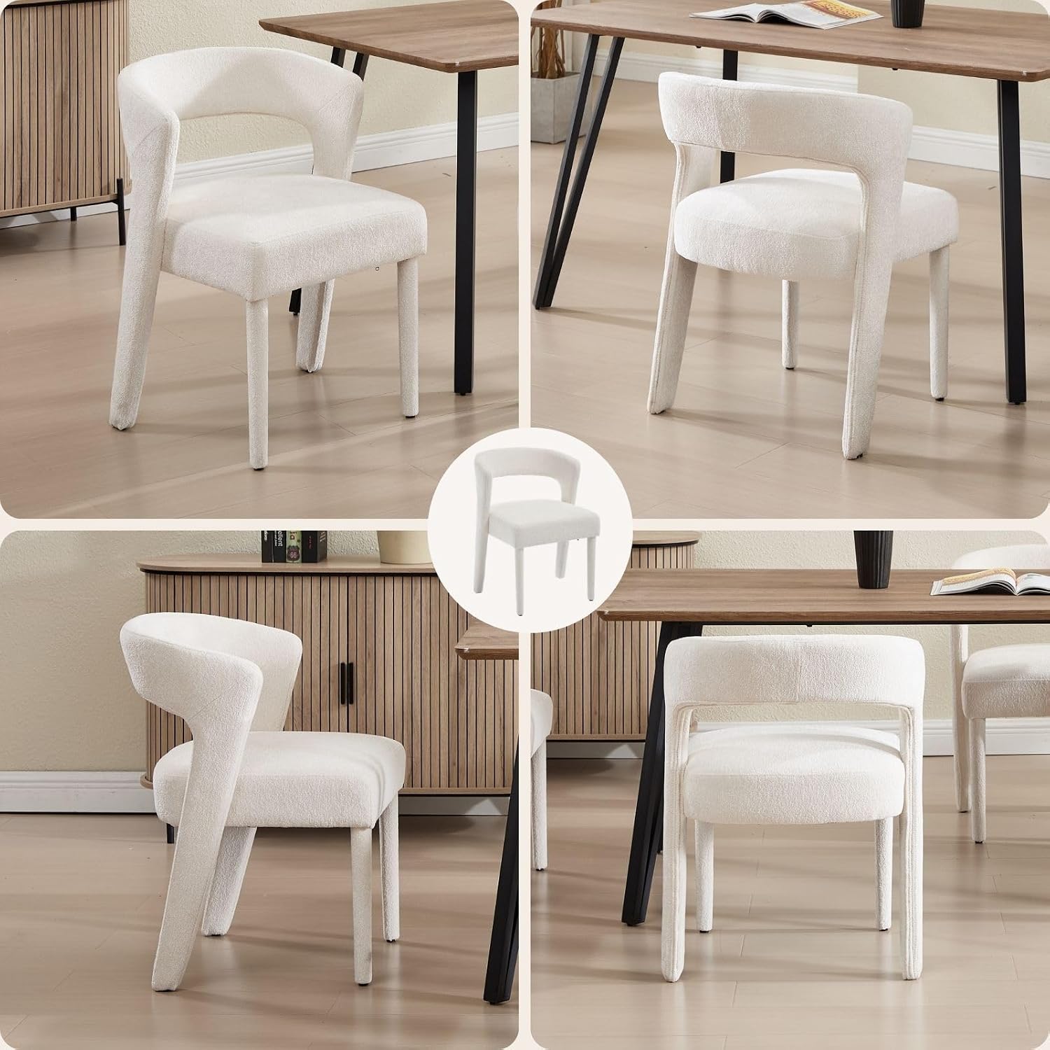 Modern Upholstered Dining Chairs Set of 6, Comfy Curved Backrest Kitchen Chair, Chenille Accent Side Chairs Dinner Chairs with Fabric Covered Wood Legs for Dining Room Living Room, White 6PCS
