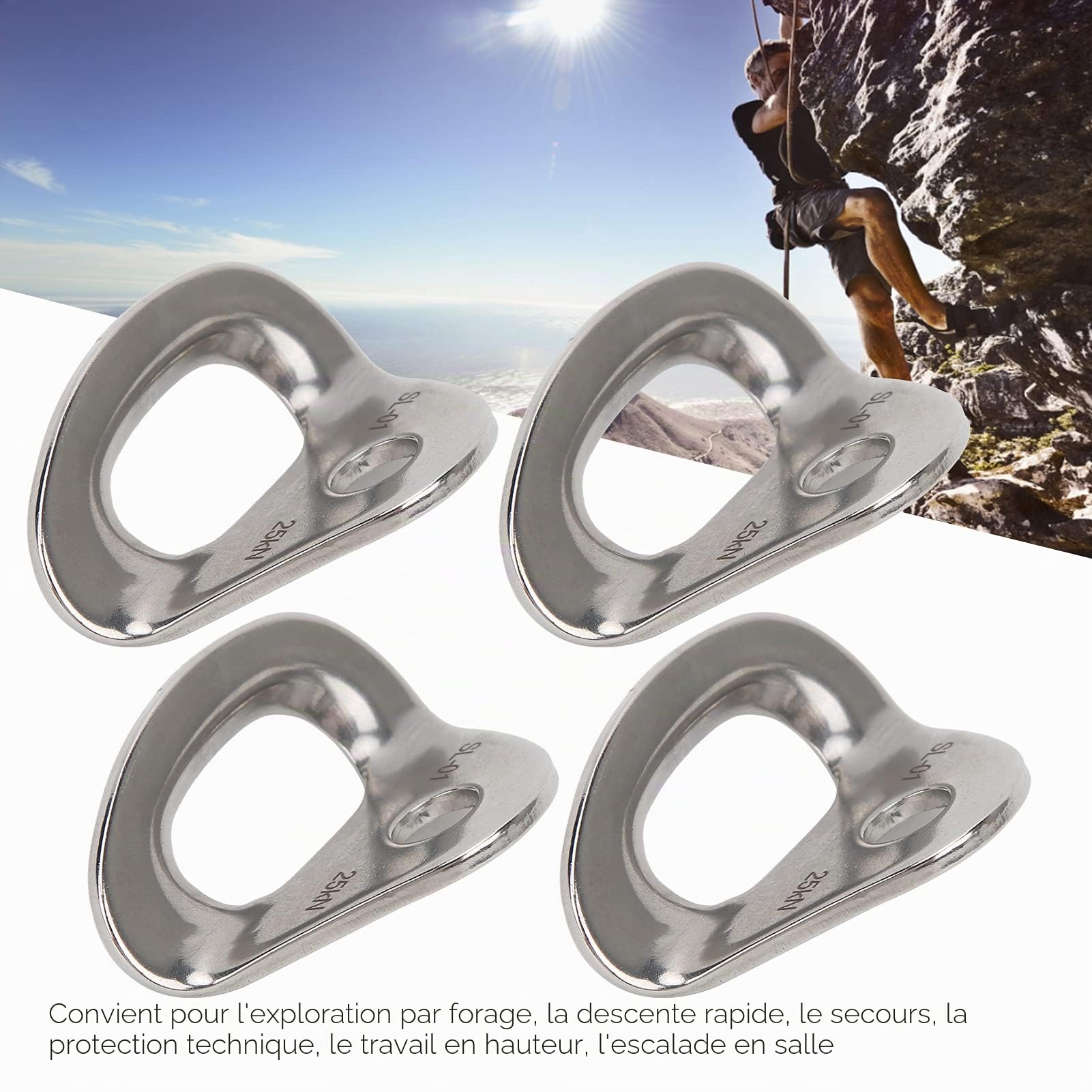 4 pièces Cintres d'escalade 25 KN en Acier Inoxydable, équipement D'aide à l'escalade en Extérieur pour Les Opérations à Haute Altitude, Accessoires d'escalade