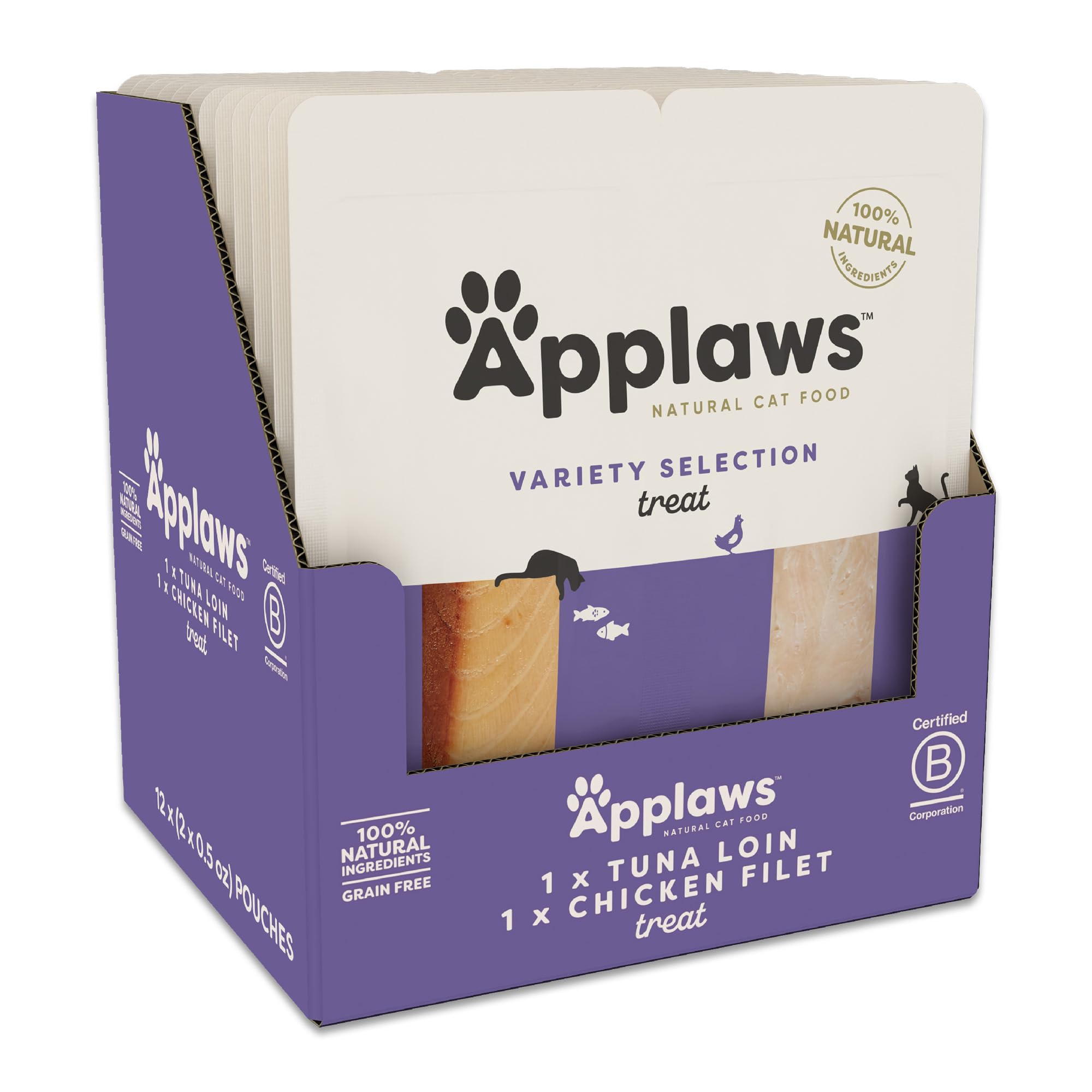 Applaws Natural Cat Treats, Grain-Free, High-Protein Whole Chicken & Tuna Loins, Single-Ingredient Healthy Snack for Cats (12 x 1.06 oz Loins)