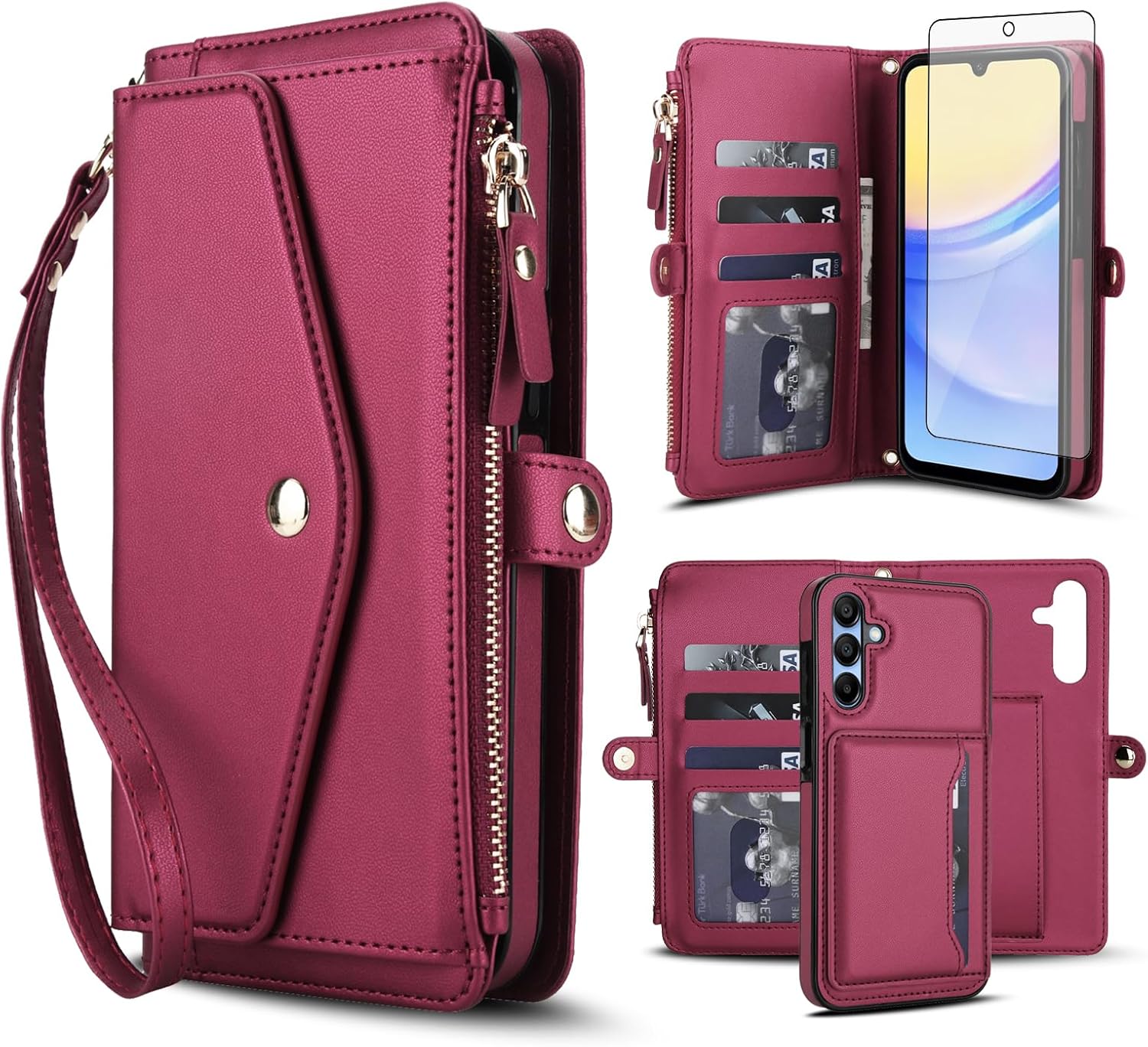 Asuwish Phone Case for Samsung Galaxy A36 5G Wallet Cover Compatible with Magsafe RFID Screen Protector Crossbody Lanyard Strap Flip Card Holder Slot Zipper Cell Purse A 36 36A LTE SM-A366U Red