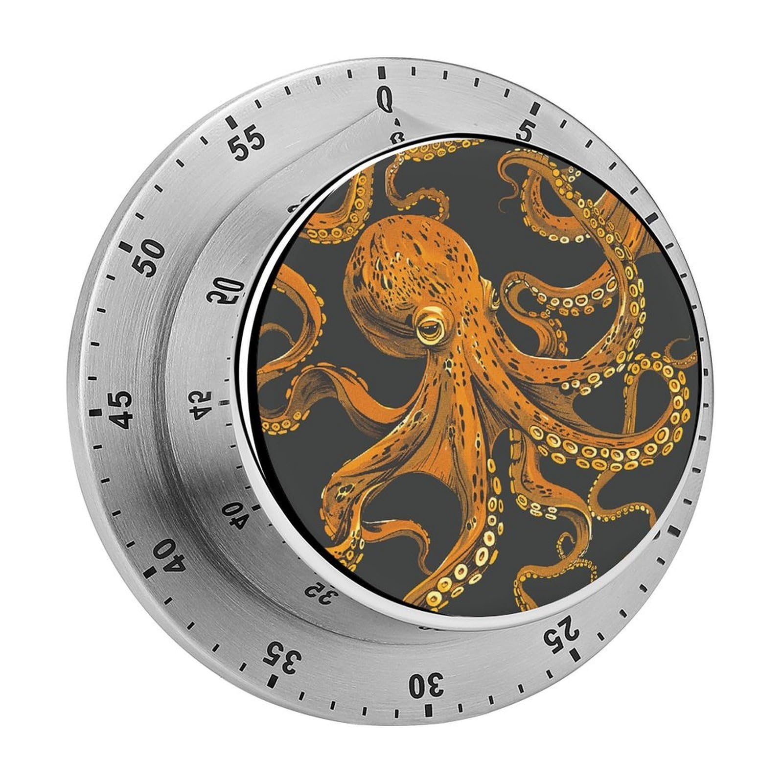 Orange Octopus Pattern Kitchen Timer for Cooking,Chef Cooking Timer Clock with Loud Alarm Stainless Steel Countdown Timer No Batteries for Home Baking Cooking