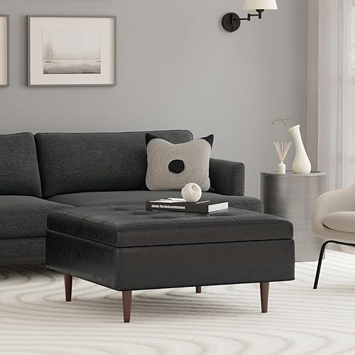 Miniatura 47 de SIMPLIHOME Shay - Otomana rectangular moderna de mediados de siglo de 48 pulgadas de ancho en piel sintética vegana envejecida, color marrón, Sillín