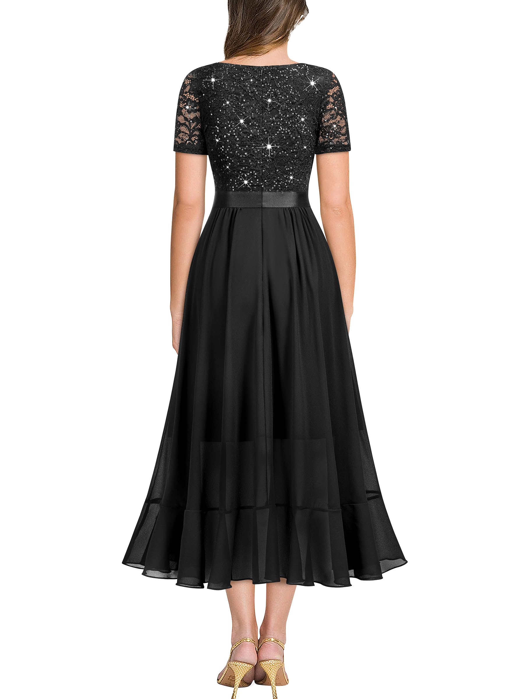 MIUSOL Abito da donna elegante con scollo a V, in chiffon, con paillettes, ideale per matrimoni, feste,