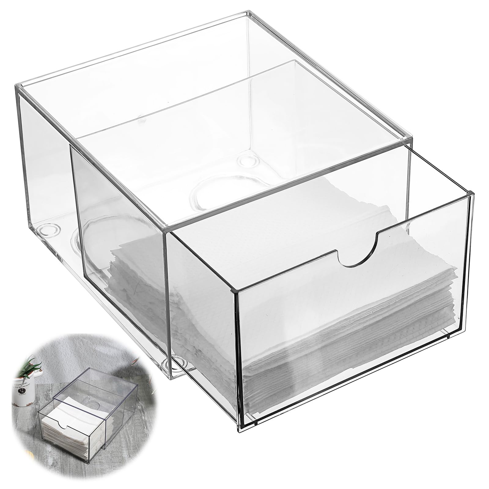 cobee Disposable Face Towel Holder, Acrylic Face Towel Storage Box Bin Container Stackable Clear Makeup Organizer with Drawer for Vanity Bathroom Makeup Organization