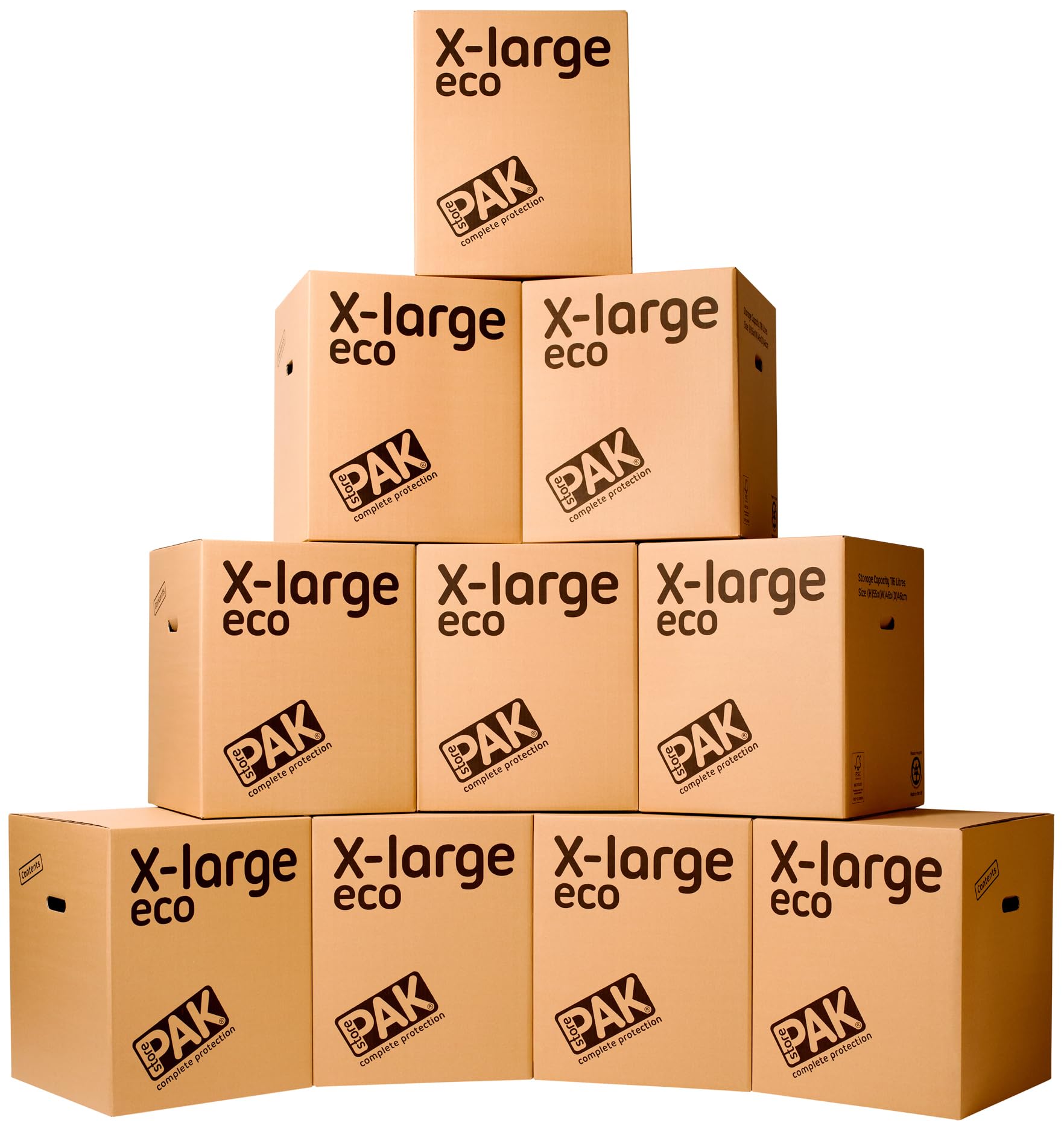StorePAK Eco Boxes with Carry Handles - Suitable for Storage, Shipping, Packing & Moving House - 116 Litres - H 55cm x W 46cm x D 46cm - 100% Recycled & Recyclable - X-Large Pack of 10