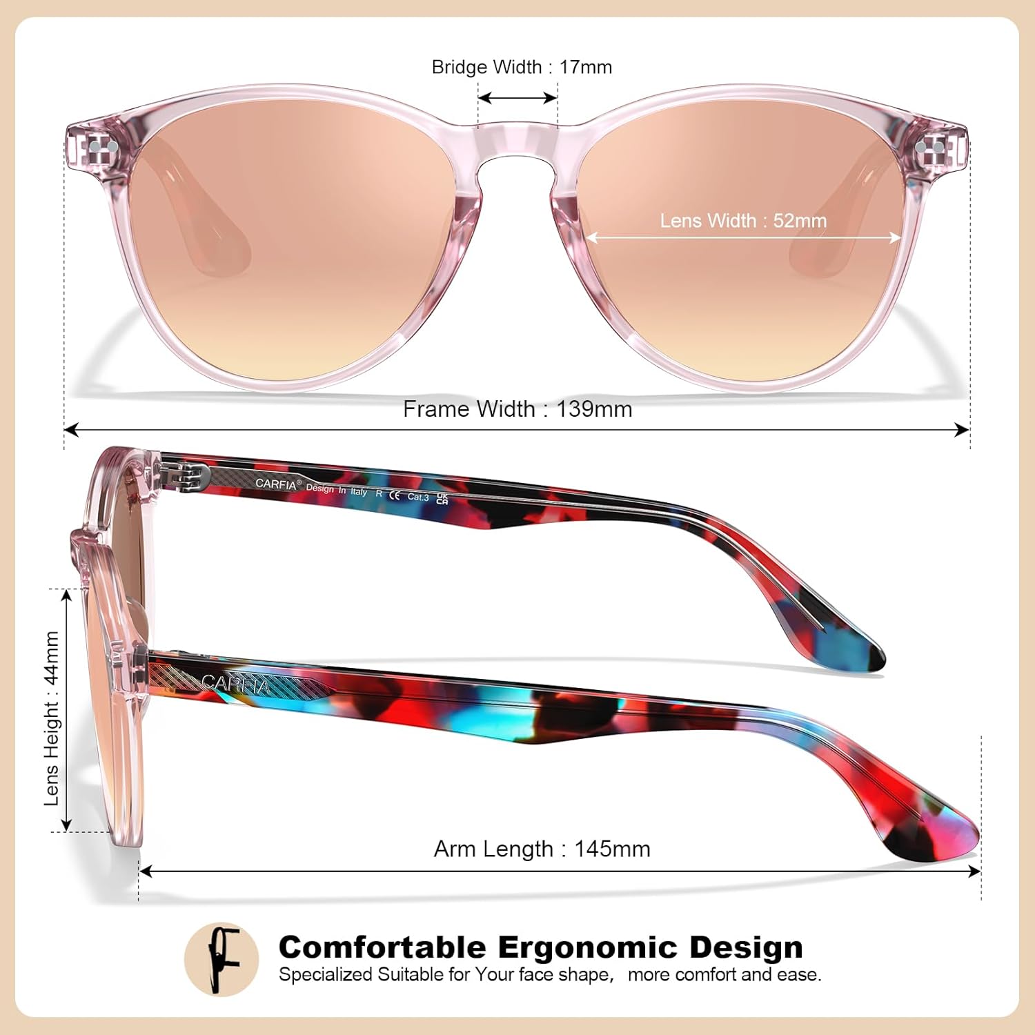 CARFIA Retro Acetate Womens Polarized Sunglasses, UV400 Protection, Trendy Panto Frame Driving Shades CA5286