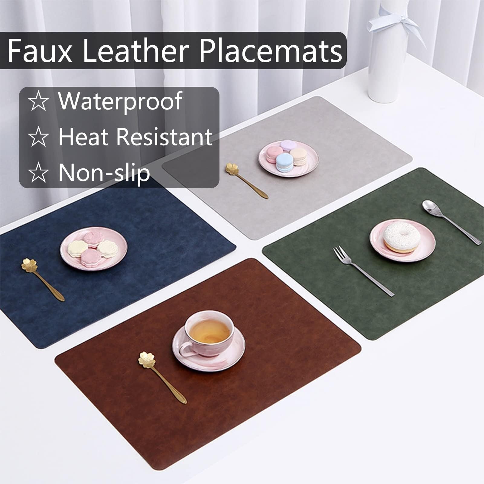 Lot de 6 sets de table rectangulaires en cuir synthétique, imperméables, faciles à nettoyer, résistants à la chaleur, antidérapants pour décoration de cuisine (noir, lot de 6)