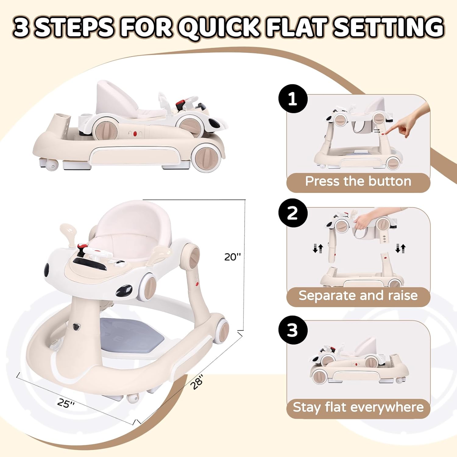 Baby Walker with Wheels, 5-in-1 Foldable Infant Toddler Walker for Boys Girls 6-18 Month, Music Walker for Baby with Car Steering Wheel &Removable Footrest,Baby Push Walker Beige