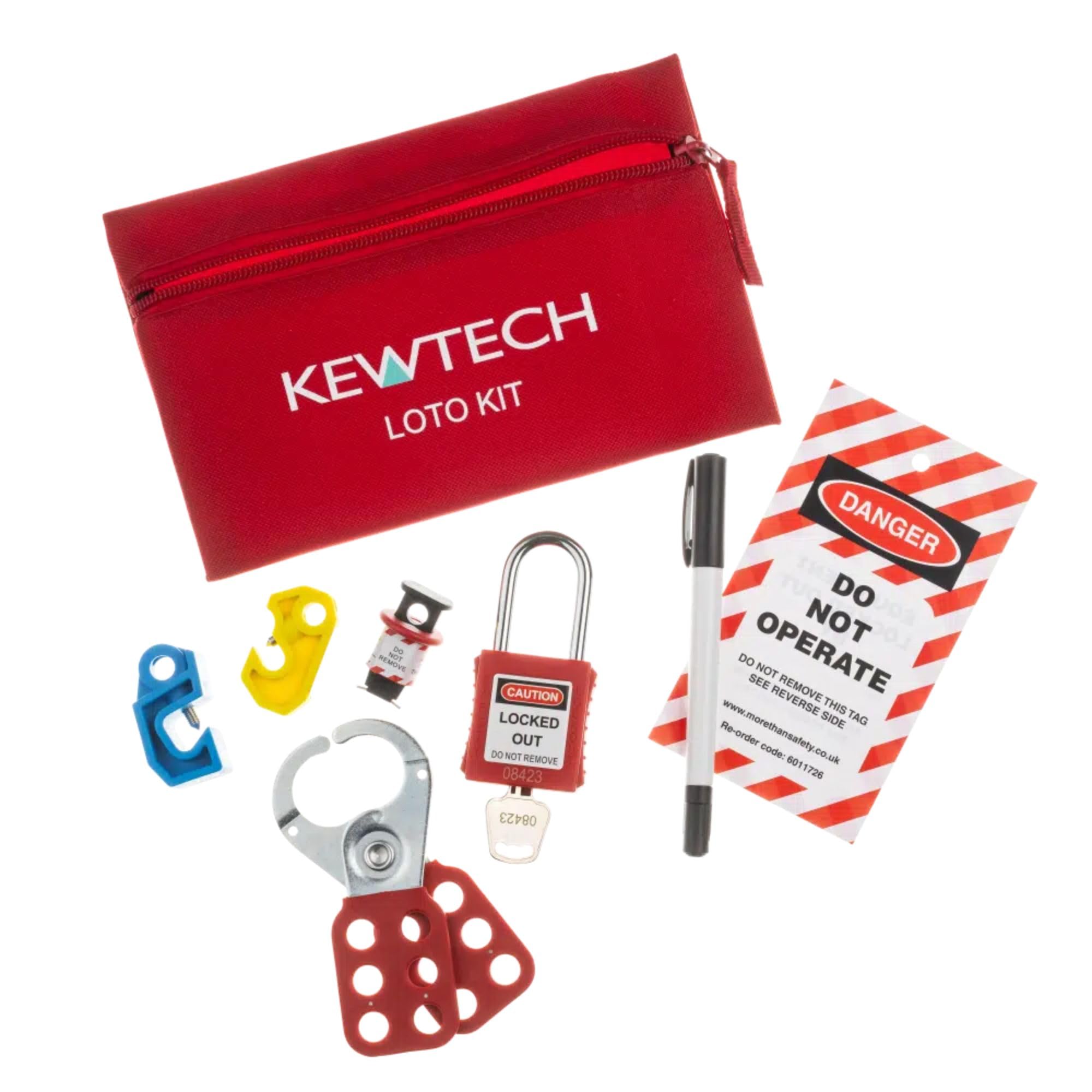Kewtech LK20 - Kit completo de bloqueo industrial para MCBs, interruptores giratorios y interruptores con candado, cerrojo, etiqueta de advertencia y bolsa de almacenamiento