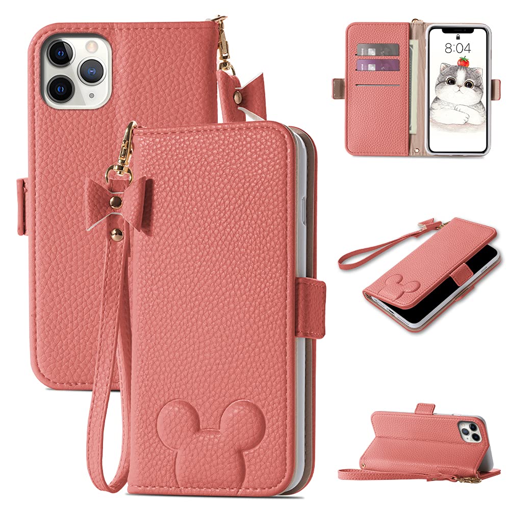 Homelax Wallet Case for iPhone 11 Pro, [Wrist Strap] PU Leather Wallet Phone Case, Cute Flip Cover Kickstand Function with Credit Card Slots [Note Pockets] for iPhone 11 Pro (2019) 5.8 inch, Dark Pink