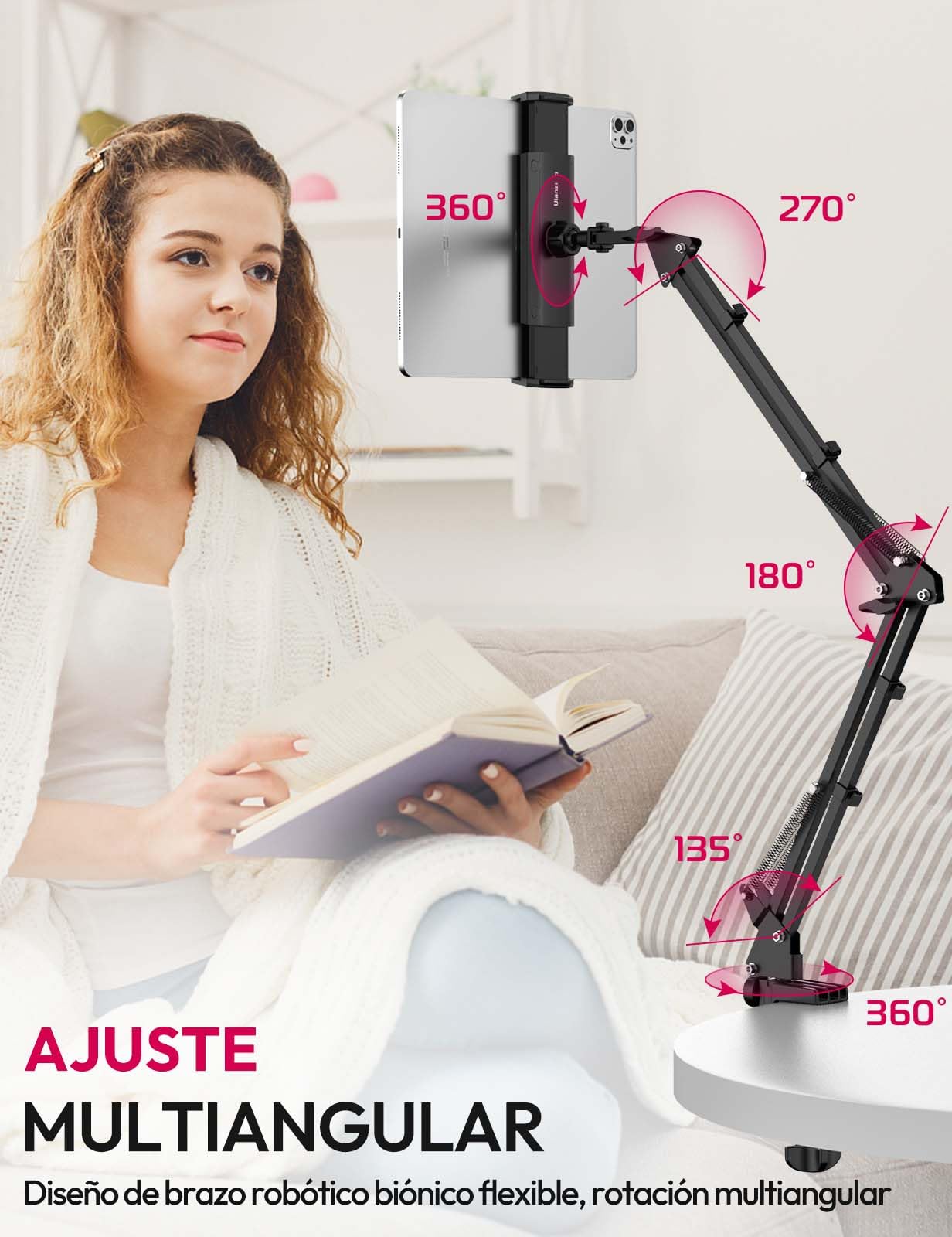 ULANZI Soporte Tablet Cama, 360° Giratorio, Aluminio para iPad 2021 Pro 9.7, 10.5, 12.9, Air Mini 3, 4, 5, Samsung Tab y Huawei MediaPad