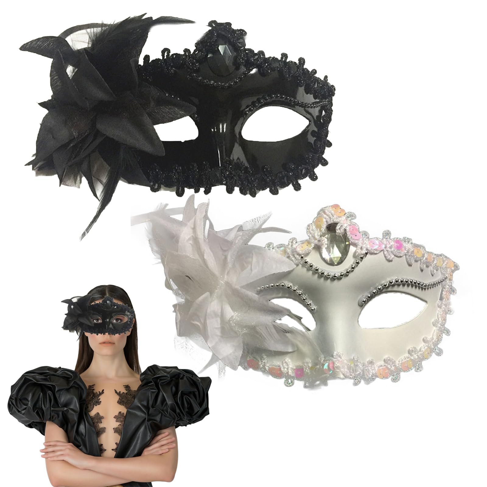 AWOCAN Couple Masquerade Mask Venetian Party Mardi Gras Mask for Women/Men Party Prom Halloween (BLACK+WHITE)