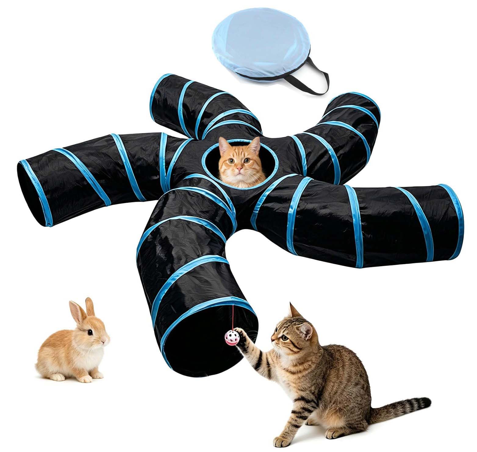 Bemodst Túnel para Gatos, 2 vías/3 vías/4 vías/5 vías, Plegable, Juguete para Gatos, Juguete Interactivo para casa de Laberinto para Conejos pequeños, Cachorros, Hurones, cobayas (5 vías)