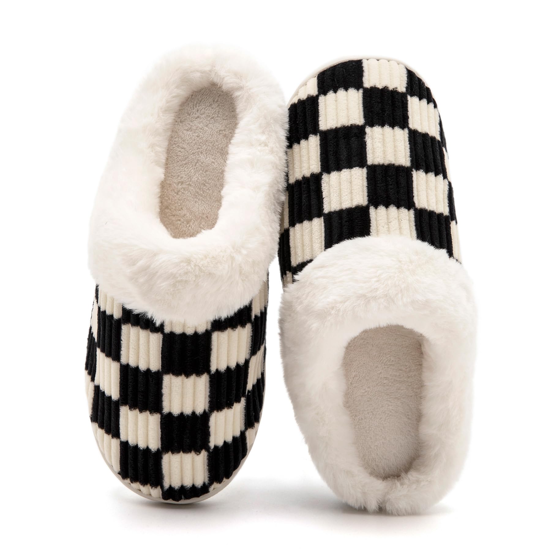 Waysoland Hausschuhe Damen Herren,Flauschige Damen Plüsch Pantoffeln aus Memory-Schaum Kariert Rutschfeste Sohle für Schlafzimmer Winter Slippers für Drinnen Draußen mit Fellfutter