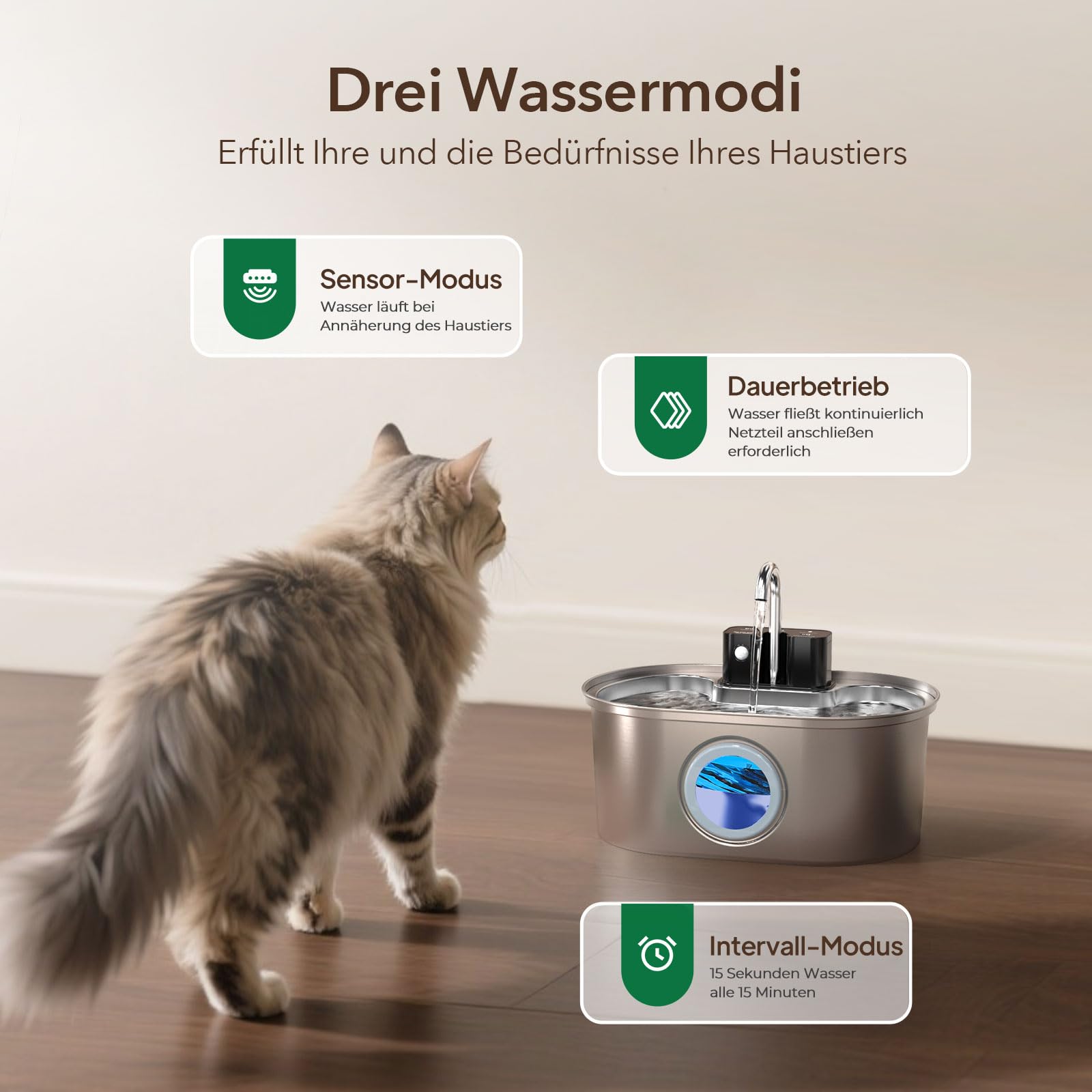 Fontana per gatti senza fili in acciaio inossidabile: fontana a batteria per interni, distributore automatico di acqua con sensore di movimento, pompa ultra silenziosa, Inclusi 3 Filtri di Ricambio