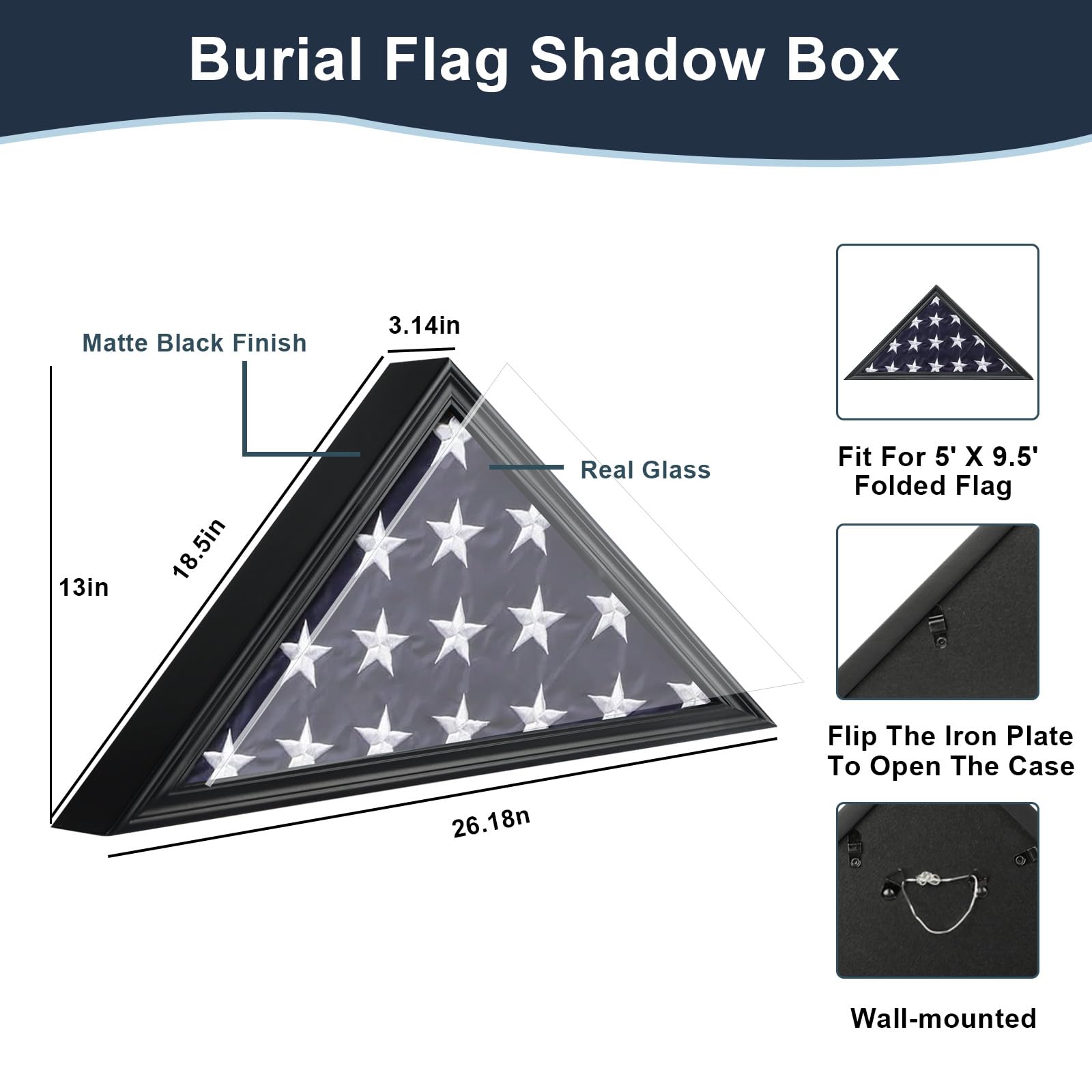 Tieeqe Burial Flag Display Case For 5'x9.5' American Flag - Wall Mount Or Desktop, Matte Black - View #2