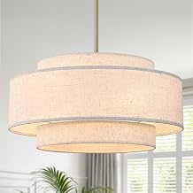 19.7" Modern Drum Chandelier, 4-Light 3-Tier Fabric Linen Shade Farmhouse Pendant Light for Dining Room Kitchen Island Foyer Bedroom