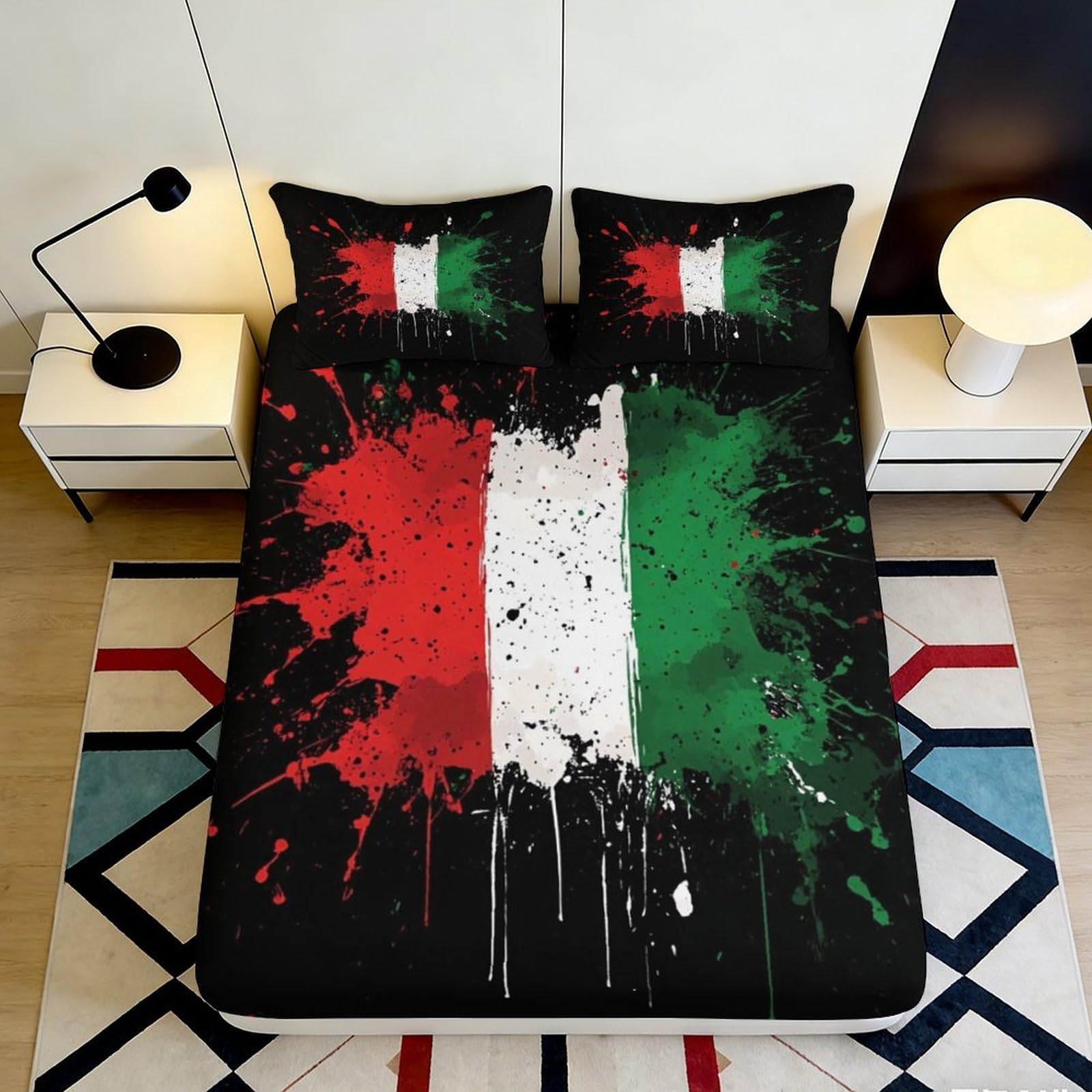 3D Printed Italy Flag Fitted Sheet Microfiber Soft Breathable Splash Design Bed Cover for Bedroom Dormitory Guest Room Mattress Protection Decor 140x200x25cm
