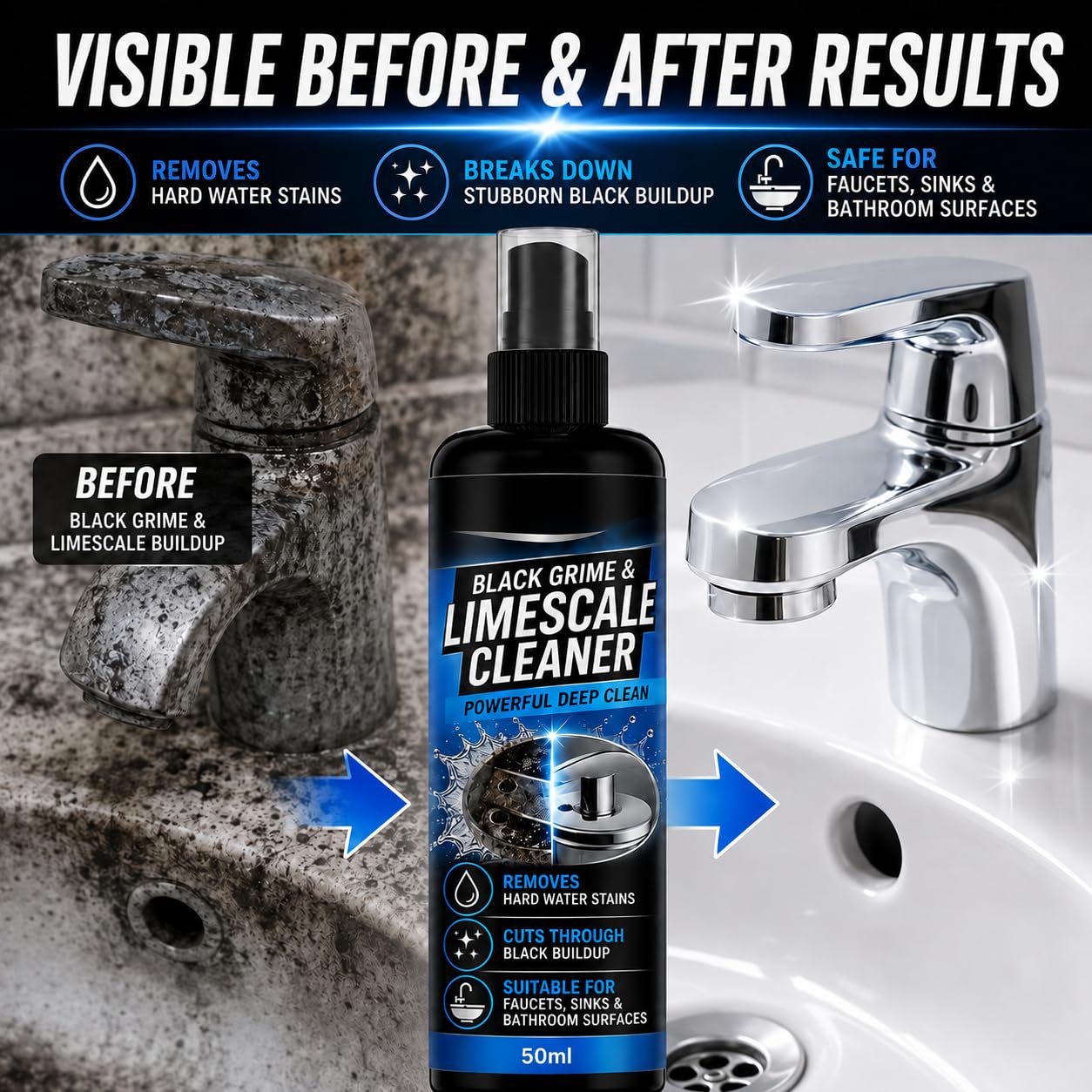 Kalk- und Schwarzschmutz-Reiniger für harte Wasserflecken, Seifenschaum-Entferner für Waschbecken und Armaturen, sanftes Reinigungsspray für schwarze Wasserhähne, Küche und Bad (7Stück)