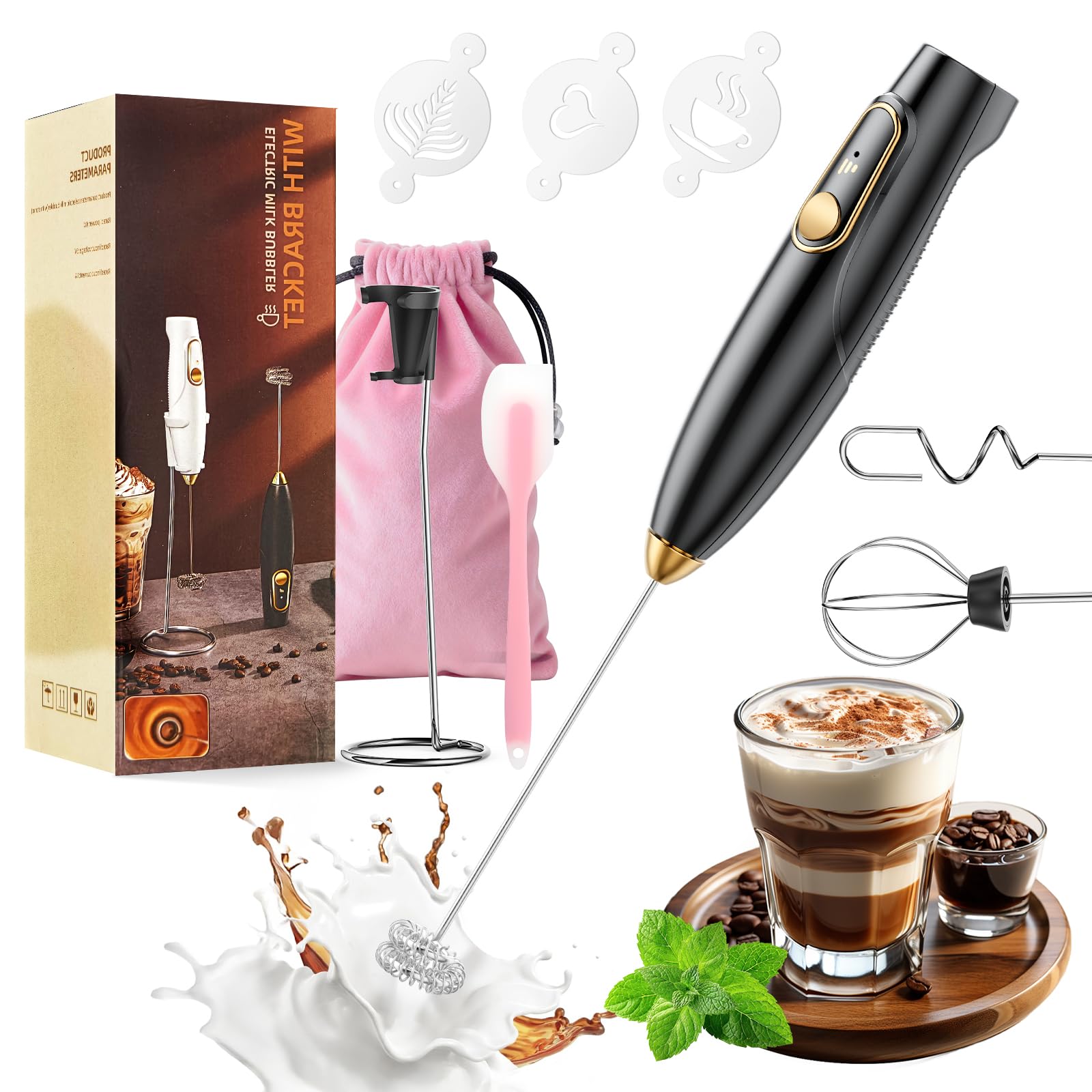 Rechargeable Milk Frother Wand with Stand, Electric Handheld Coffee Frother with 3 Detachable Whisks, Travel Milk Foamer for Protein Powder, Drinks, Espumador de Leche Electrico