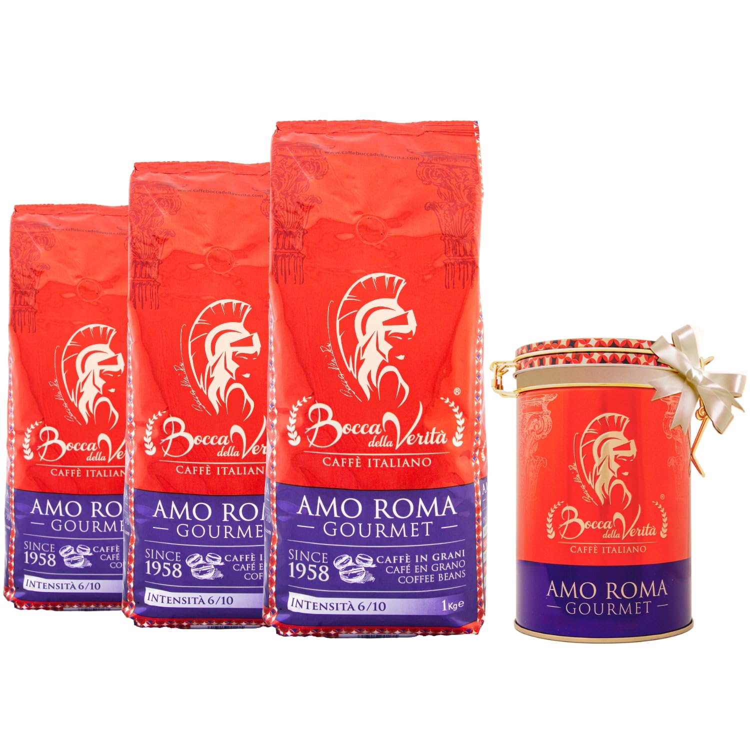 BOCCA DELLA VERITA® Set Café en Grano Gourmet Italiano (3 paquetes de 1 kg) + Lata Regalo Reutilizable – Pack Premium Café de Calidad