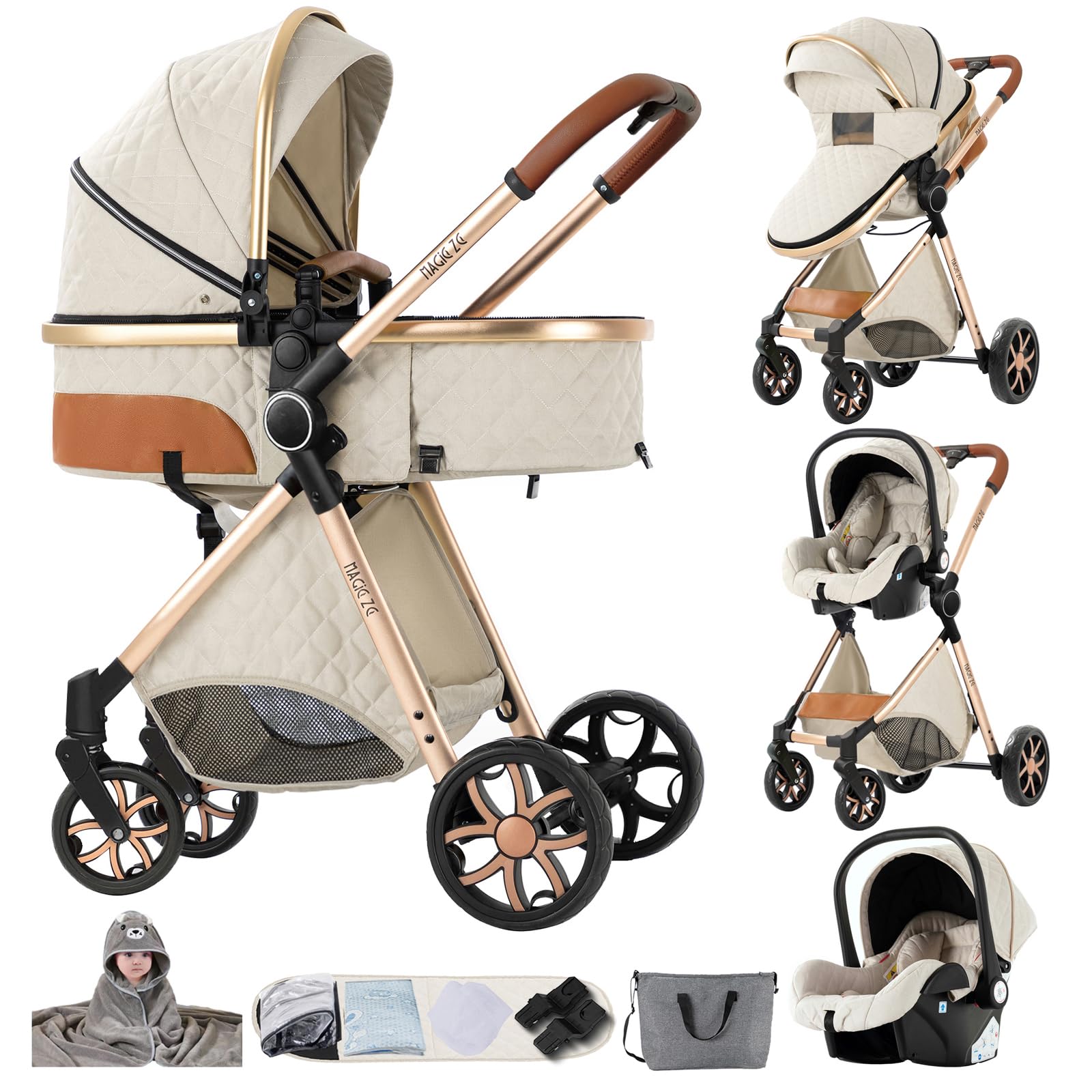 Passeggino Trio, Passeggino 3 in 1 con Spinta Reversibile a Due Vie, Trio Passeggini Neonati con Accessori, Carrozzina per Neonati Design Portatile Pieghevole Un Clic (YV9 White)