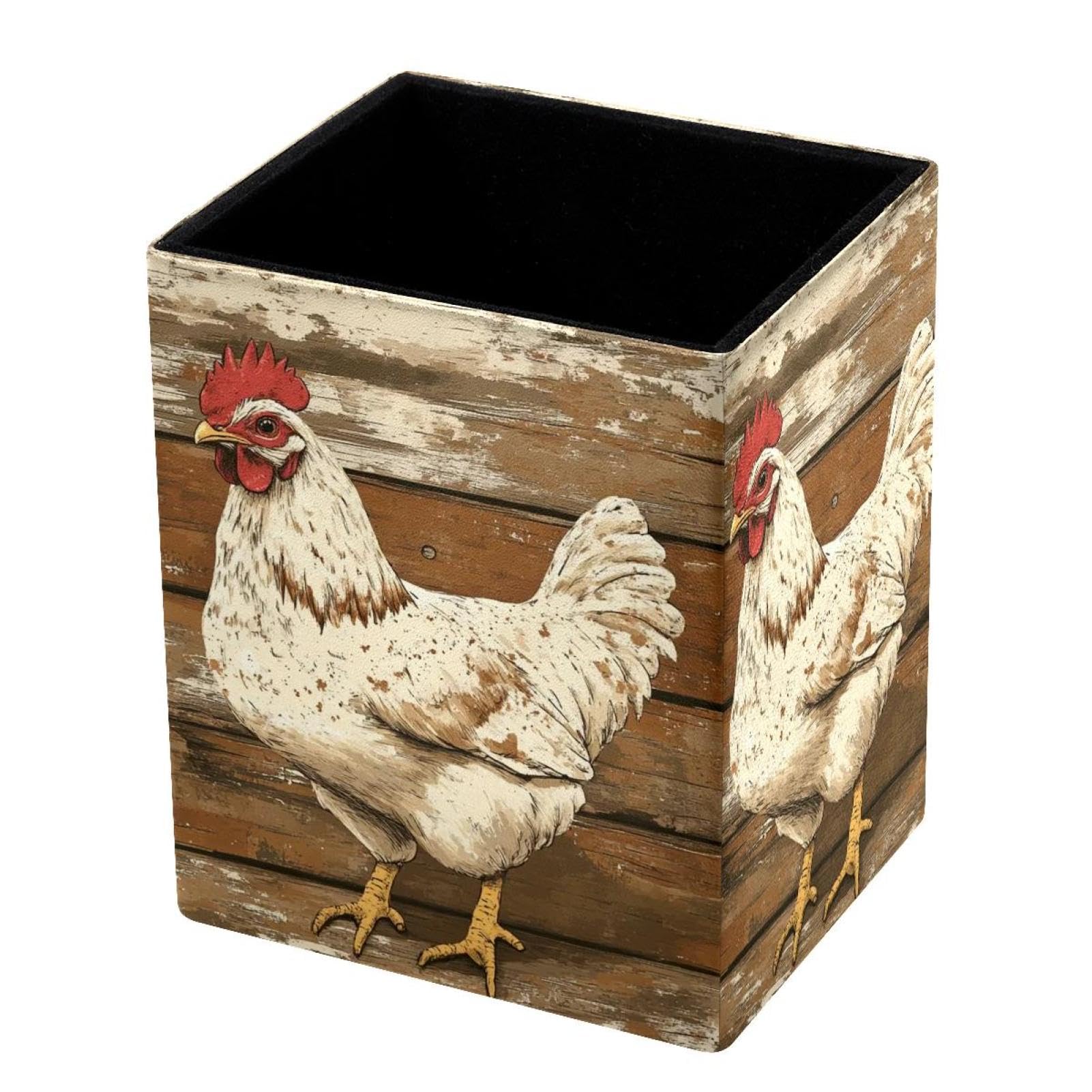 FWJZDSP Pencil Holder for Desk Pen Pouch with Animal Chicken Brown Wooden Capacity Pen Cup Leather Makeup Brush Holder for Office Desk Organizer
