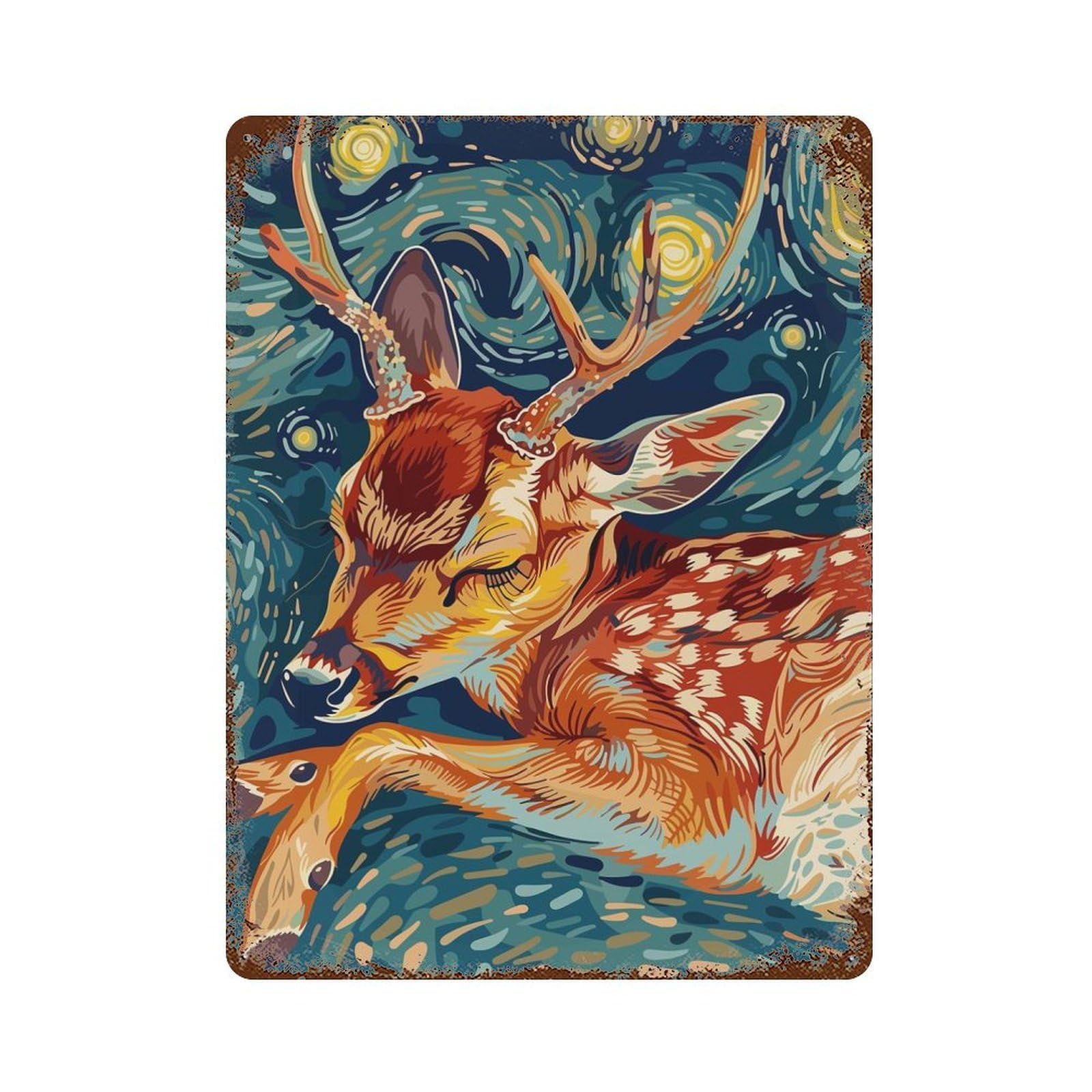 Deer in Starry Night Style Decorative Tin Sign 15.7"x11.8", for Bistro, Counter And Cafe Decor, Classic Wall Plaque