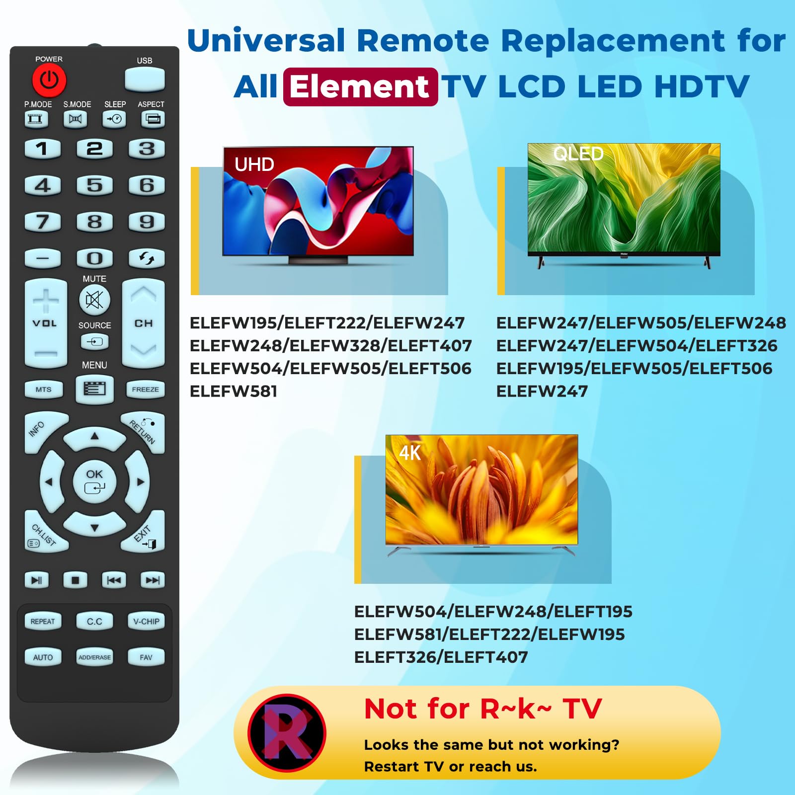 Mando a distancia Element TV de repuesto para Smart TV
