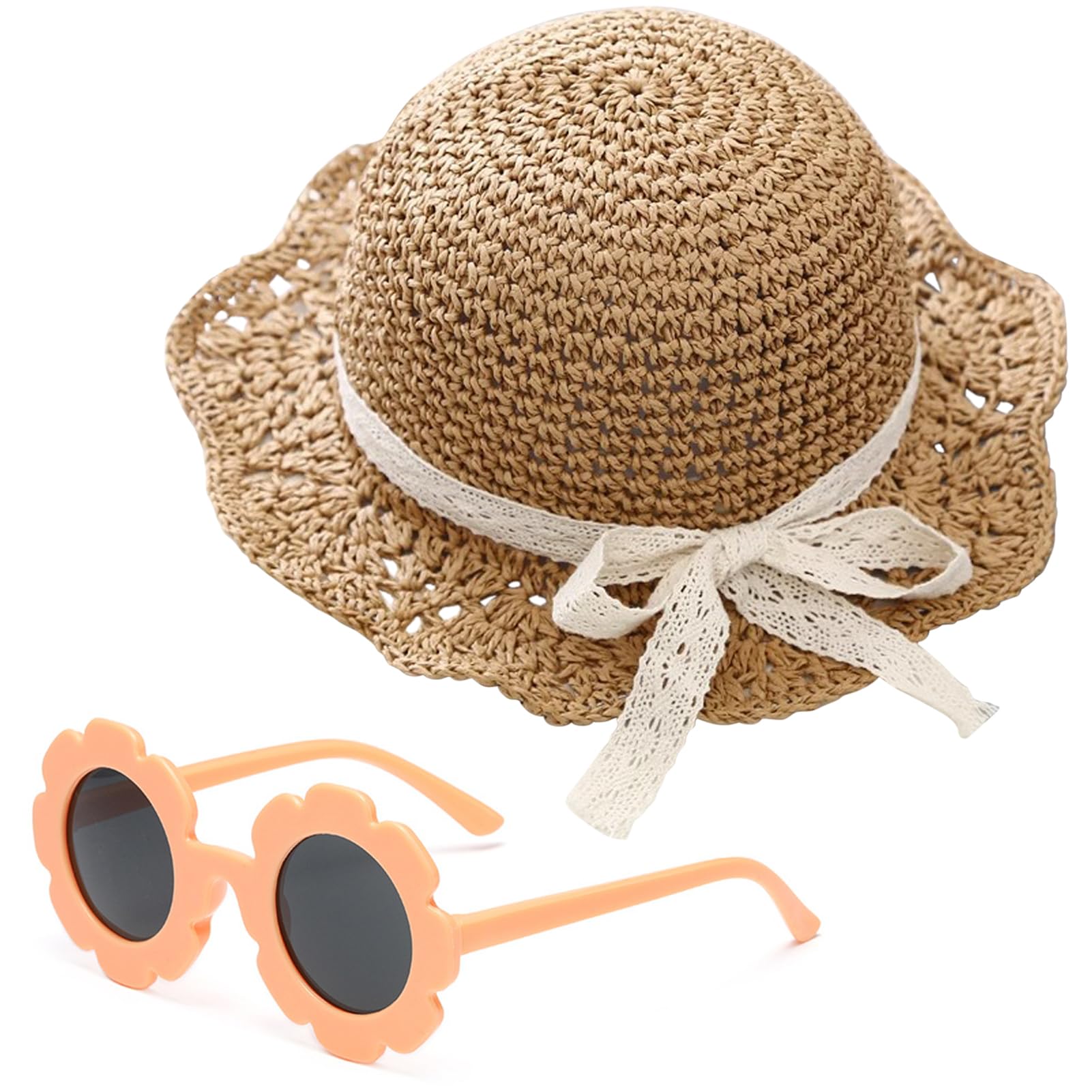 Sombrero de paja para niñas con gafas de sol redondas de flores, plegable de verano, ala grande, girasol, lazo, playa, sombrero de paja para niños, 2-6T
