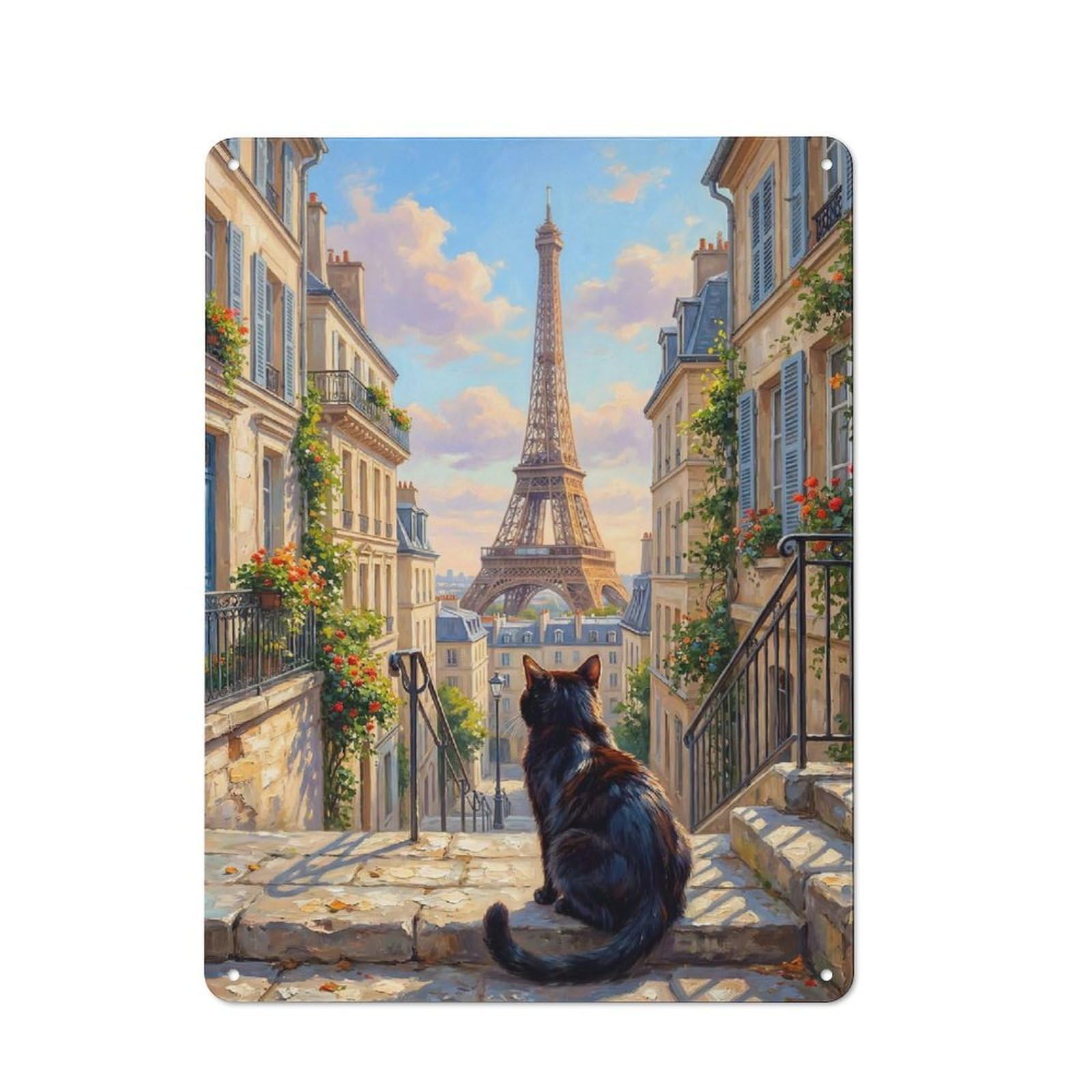Junmoney Style-24 Black Cat Eiffel Tower In Paris Tin Sign 40X30cm For Workshop Wall, Vintage Wall Decor, For Metal Sign Collectors, For Garage And Workshop Walls