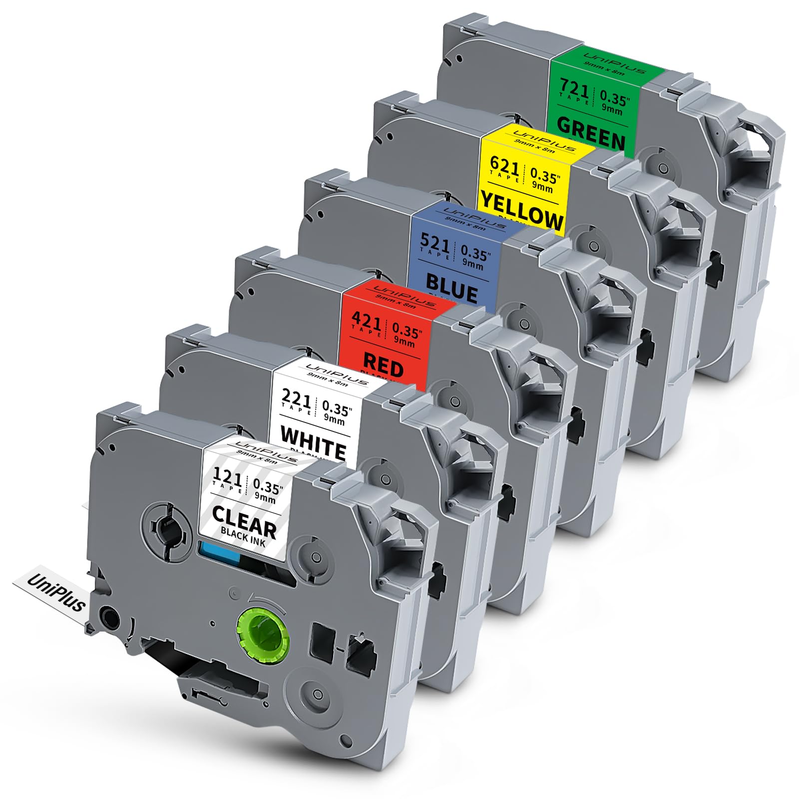 UniPlus Compatible for Brother Tze-221 Tze-121 Tze-421 Tze-521 Tze-621 Tze-721 Tz Tape 9mm 0.35" Laminated Tape Label Maker Tape for P Touch PTD200
