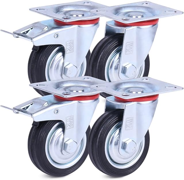 H&S 4 Castor Wheels Heavy Duty 75mm Rubber Swivel Trolley Furniture Caster with Brakes Black