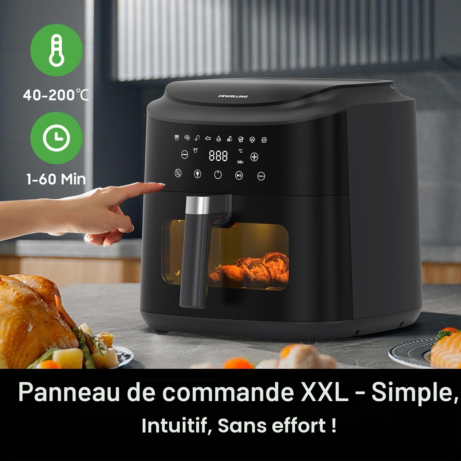 Air Fryer XXL 9L – 2350W Friteuse sans Huile pour une cuisson rapide, Friteuse à air avec Grande fenêtre, 9 Programmes, 40–200°C, Rappel Shake, Maintien au Chaud