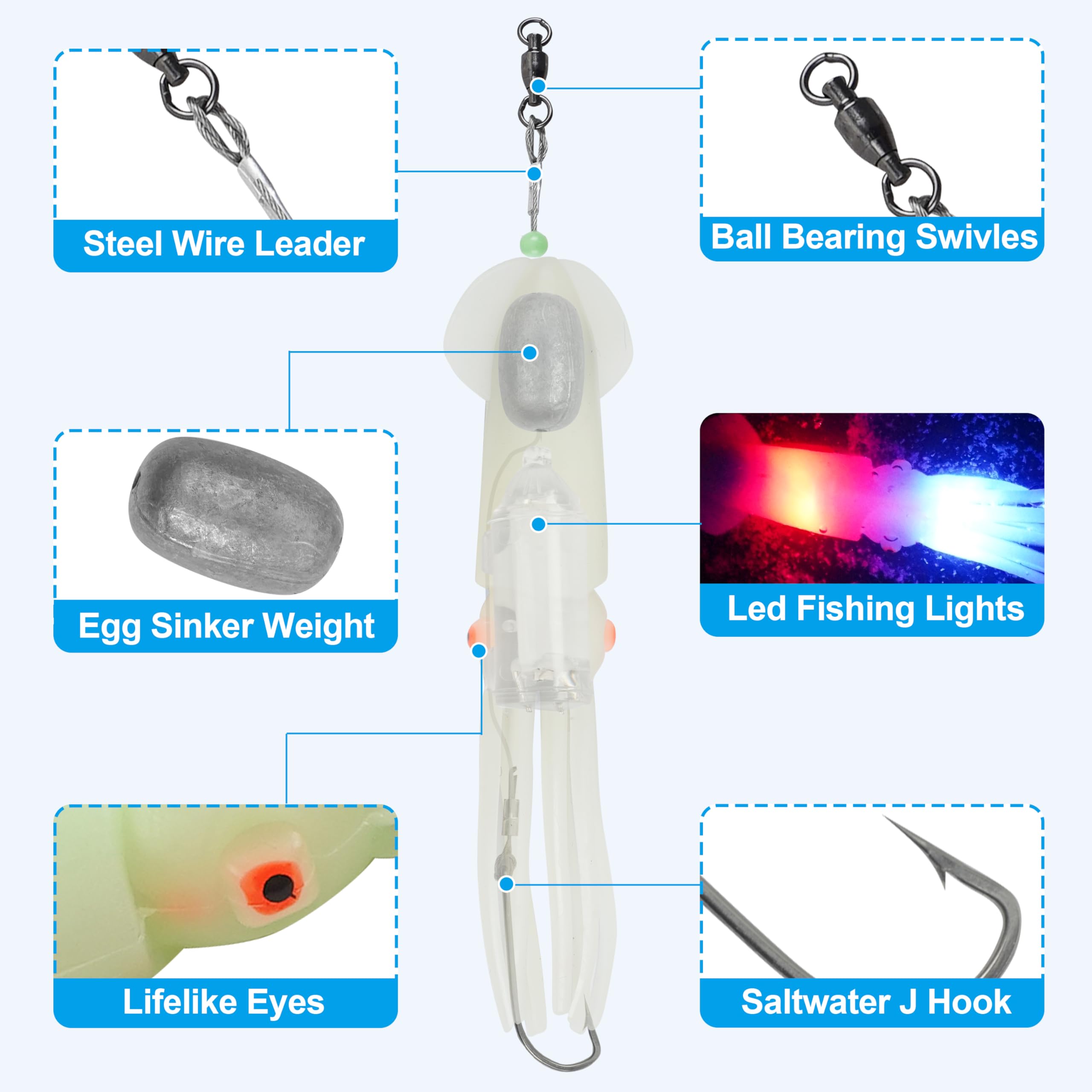 Esche da pesca per calamari in acqua salata, esche a LED illuminate per calamari, morbide, per pesca a traina, calamari, luci lampeggianti, per halibut, lingcod, sgombro, tonno striper