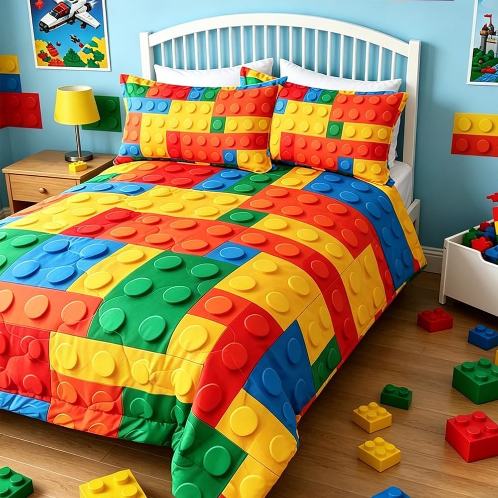 BlessLiving 3 Piece Funny Toy Comforter Set with Pillow Shams Colorful Building Blocks Bedding Set with 3D Printed Designs Reversible Comforter Full/Queen Size Bedding Sets