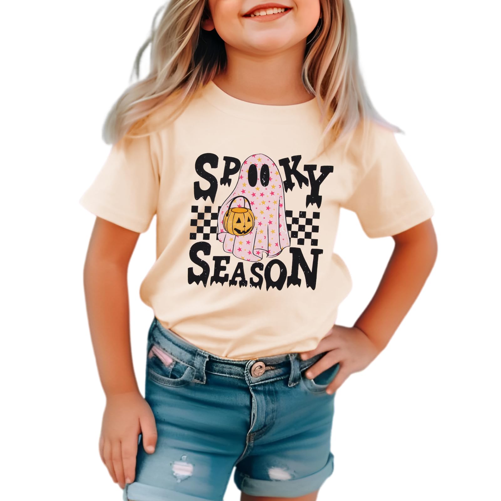 CM C&M WODRO Toddler Baby Girls Halloween Shirt Spooky Season T-Shirt Funny Ghost Pumpkin Graphic Short Sleeve Tee Kids Top (Beige, 5-6X)
