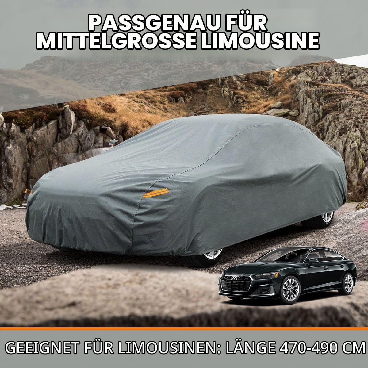 kayme Robustes Autoabdeckung Wasserdicht Atmungsaktiv, Vollgarage Autoplane für Regen Sonne Staub Schutz, Abdeckplane für Audi A5 S5 RS5, Ford Mustang, BMW 4 Series, Jaguar XK usw.(470 bis 490 cm)