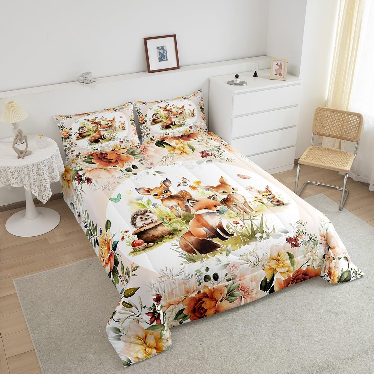 Feelyou Kids Cute Deer Fox Rabbit Comforter Set Twin Size Boys Girls Cartoon Animal Comforter Flower Floral Print Bedding Set Farm Zoo Wildlife Style Decor Quilt Set