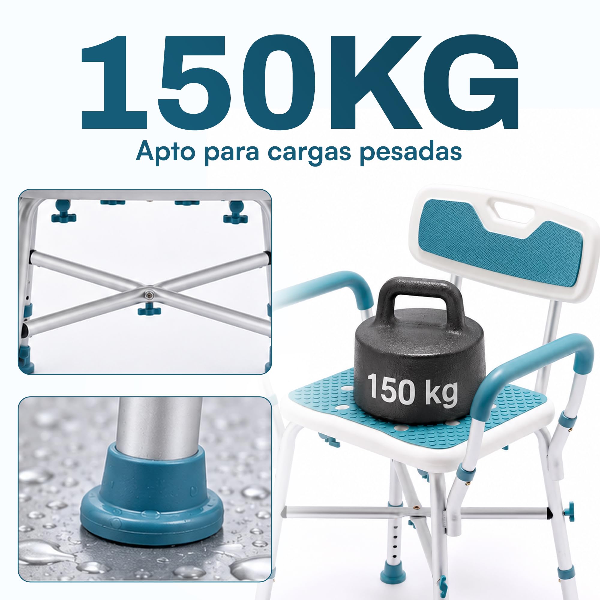 Silla de ducha con respaldo y reposabrazos, taburete de ducha ajustable en altura para personas mayores, asiento de ducha antideslizante con respaldo extraíble, taburete de baño para ducha y