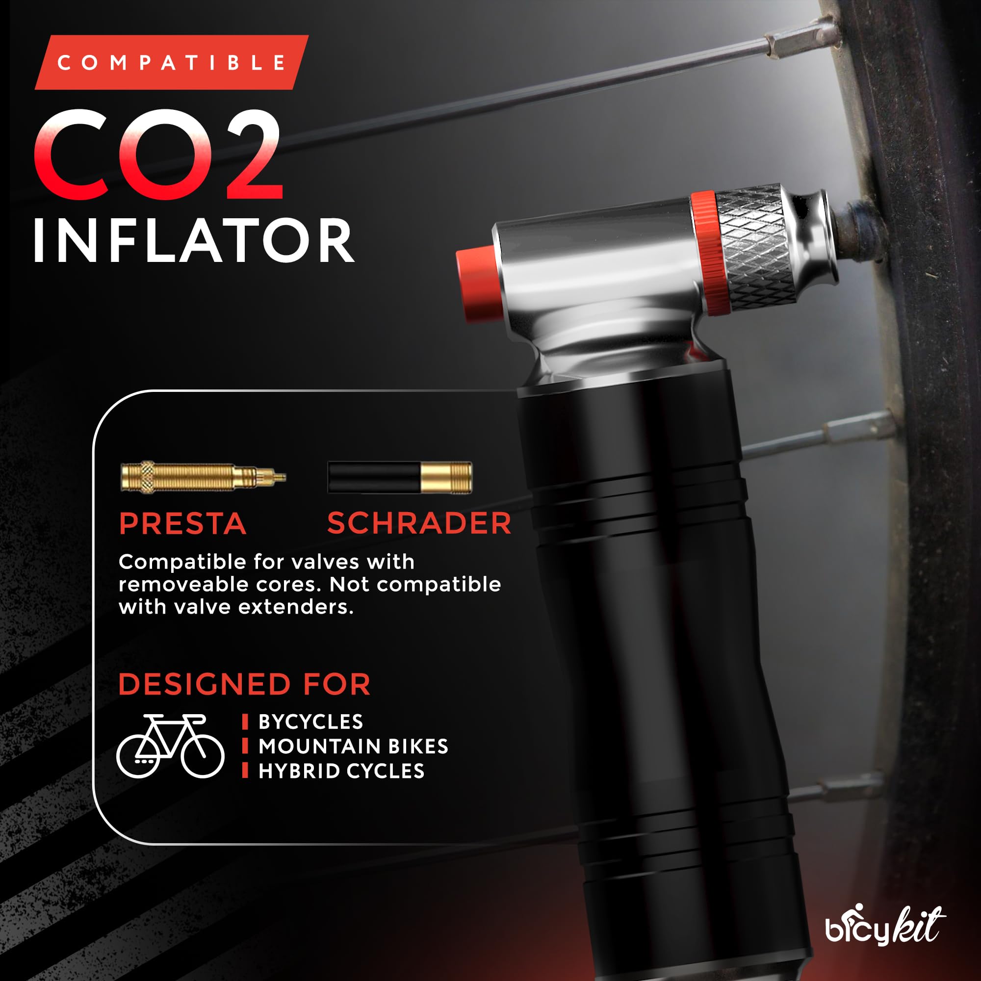 BicyKit - Inflador de neumáticos de bicicleta de CO2 con 4 cartuchos de CO2 - Válvula Presta y Schrader compatible con bicicletas de carretera y montaña - Accesorios de bicicleta de montaña para