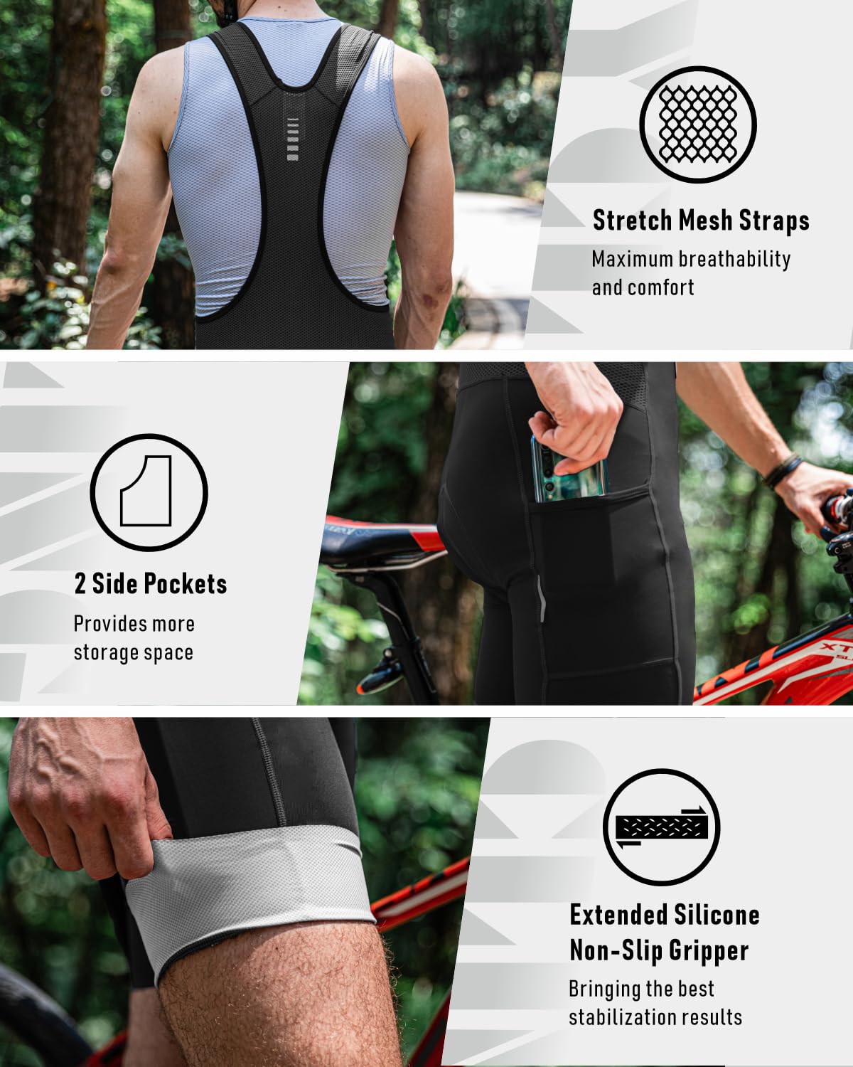 Przewalski - Culote con Tirantes para Hombre con Bolsillos para teléfono, Acolchado 4D Transpirable, para Ciclismo