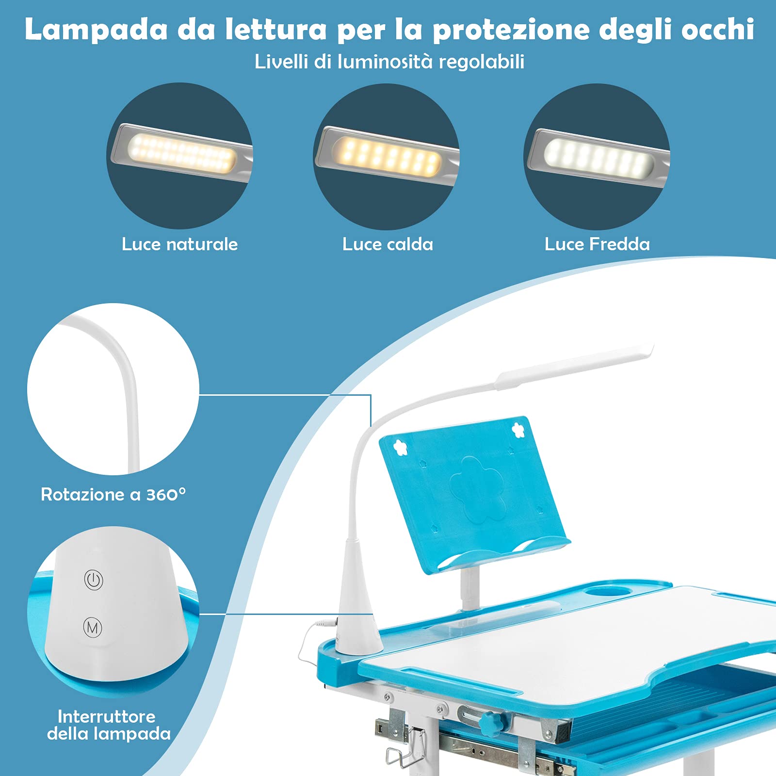 COSTWAY Set Scrivania e Sedia per Bambini, Tavolo Regolabile in Altezza con Piano Inclinabile 45° e Luce LED 3 Modalità, Tavolo e Sedia Ergonomica in Materiali Sicuri per 4+ Anni (Blu)