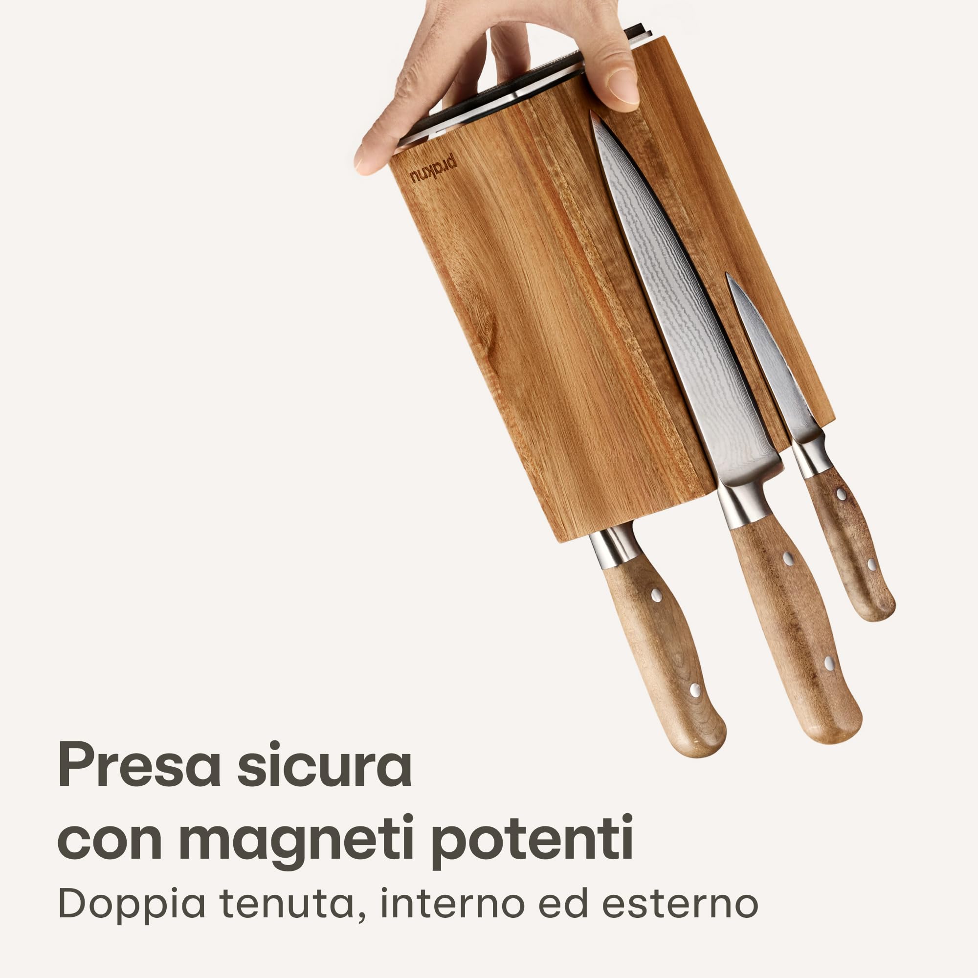 Praknu Ceppo Coltelli Magnetico - Girevole 360° Senza Coltelli - FSC® Legno di Acacia con Spazio per Utensili da Cucina - Forte Magnete su Entrambi i Lati - Antiscivolo